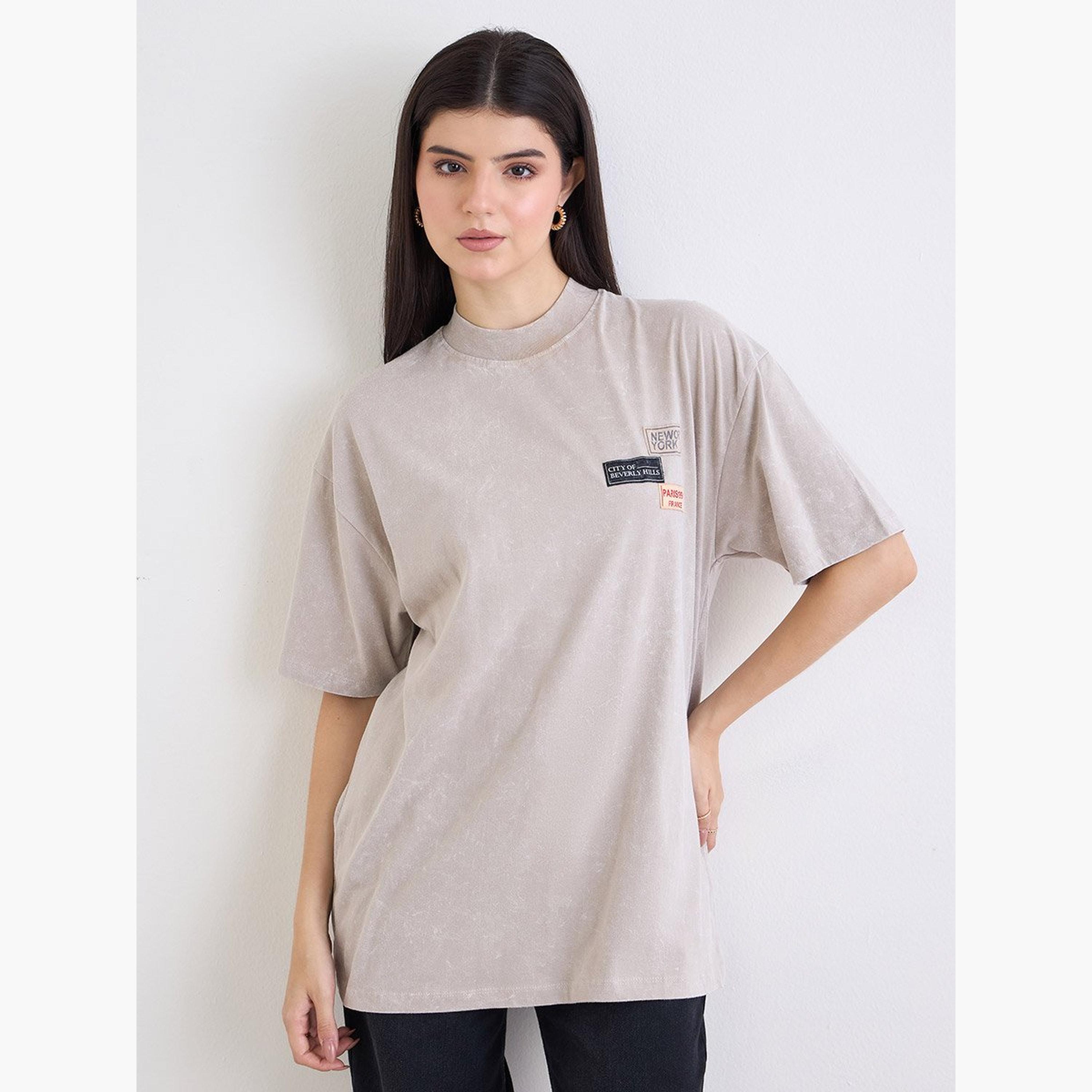 Styli Beige Washed Oversized T-Shirt with Badge Detail-women-clothing-tshirts-image-1