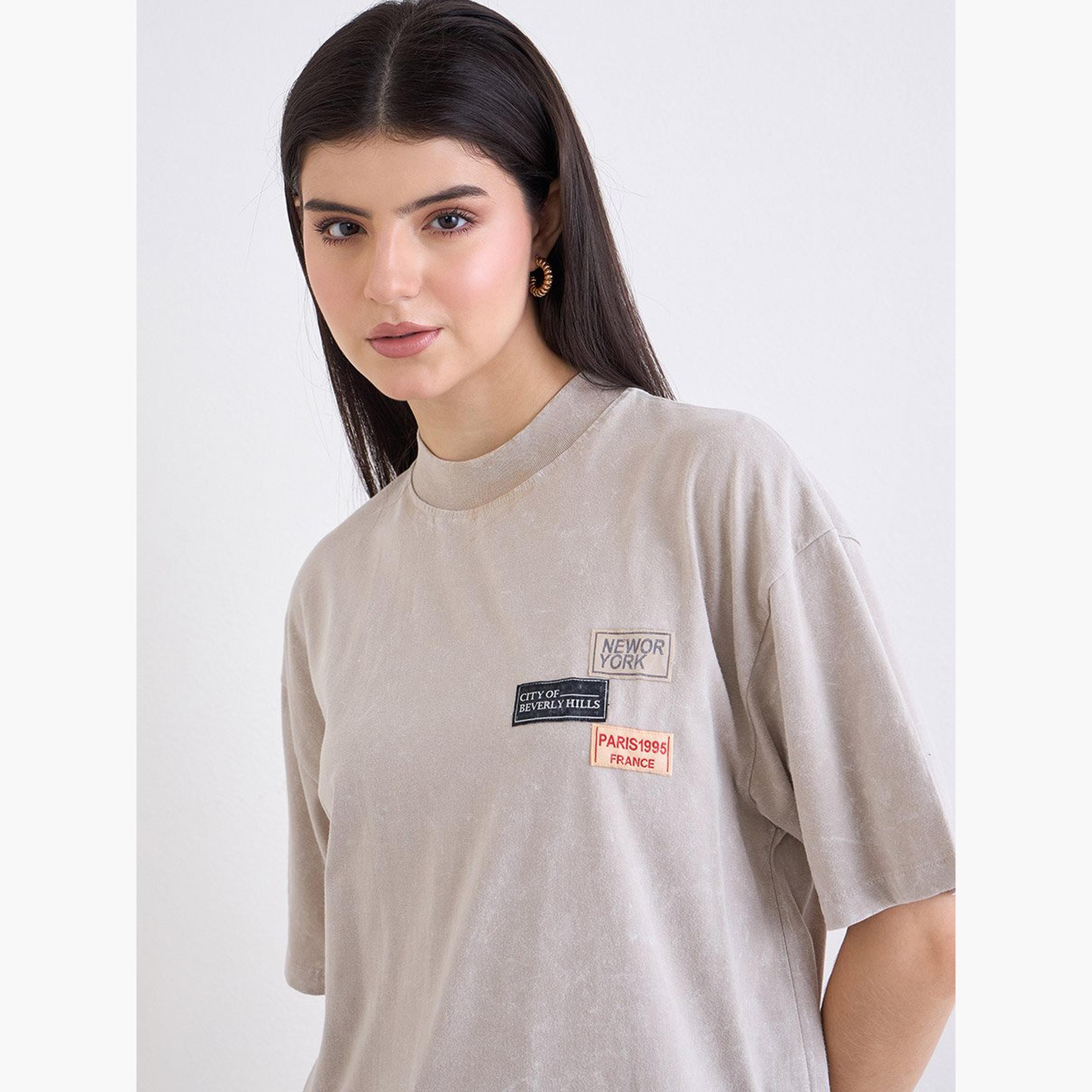 Styli Beige Washed Oversized T-Shirt with Badge Detail-women-clothing-tshirts-image-3