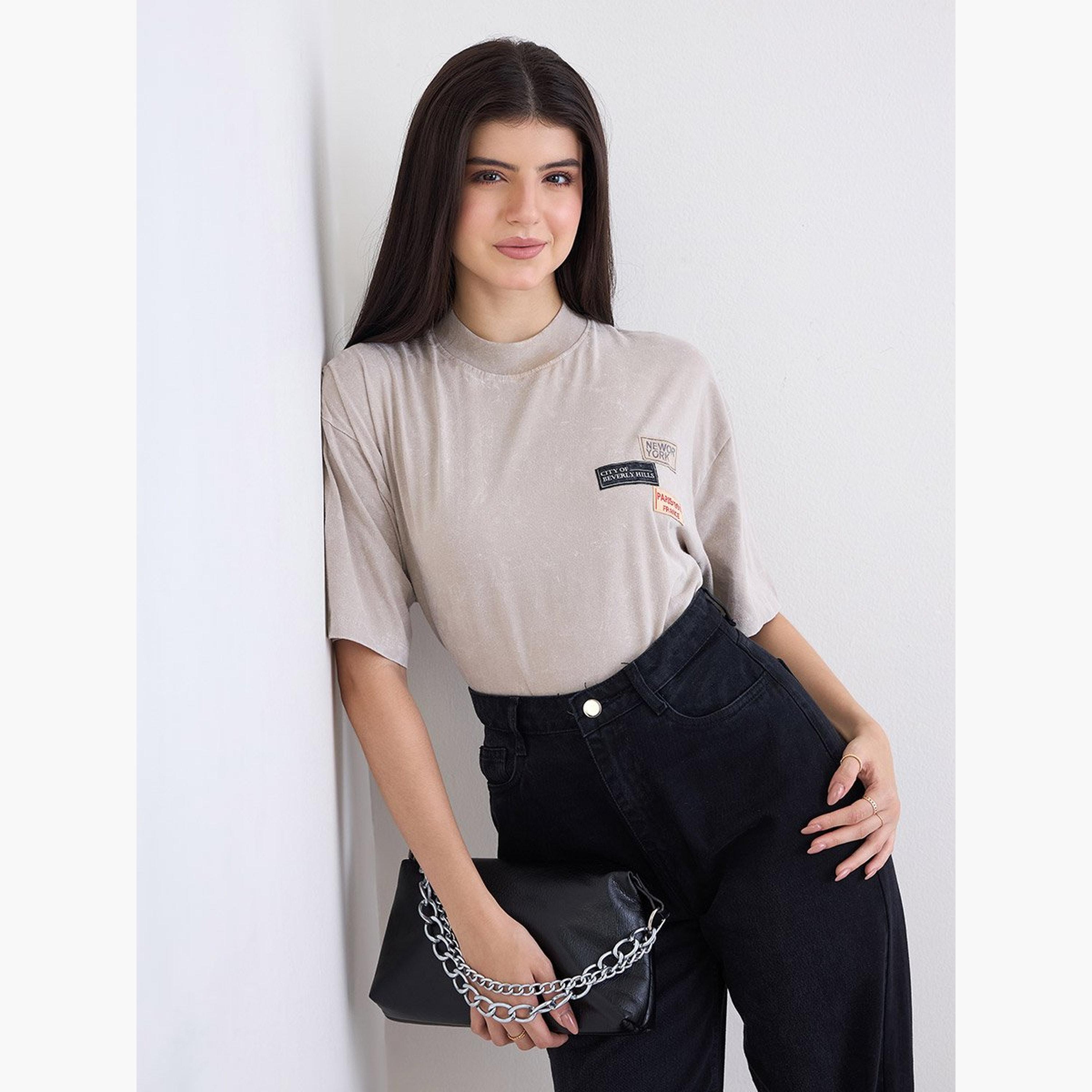 Styli Beige Washed Oversized T-Shirt with Badge Detail-women-clothing-tshirts-image-4