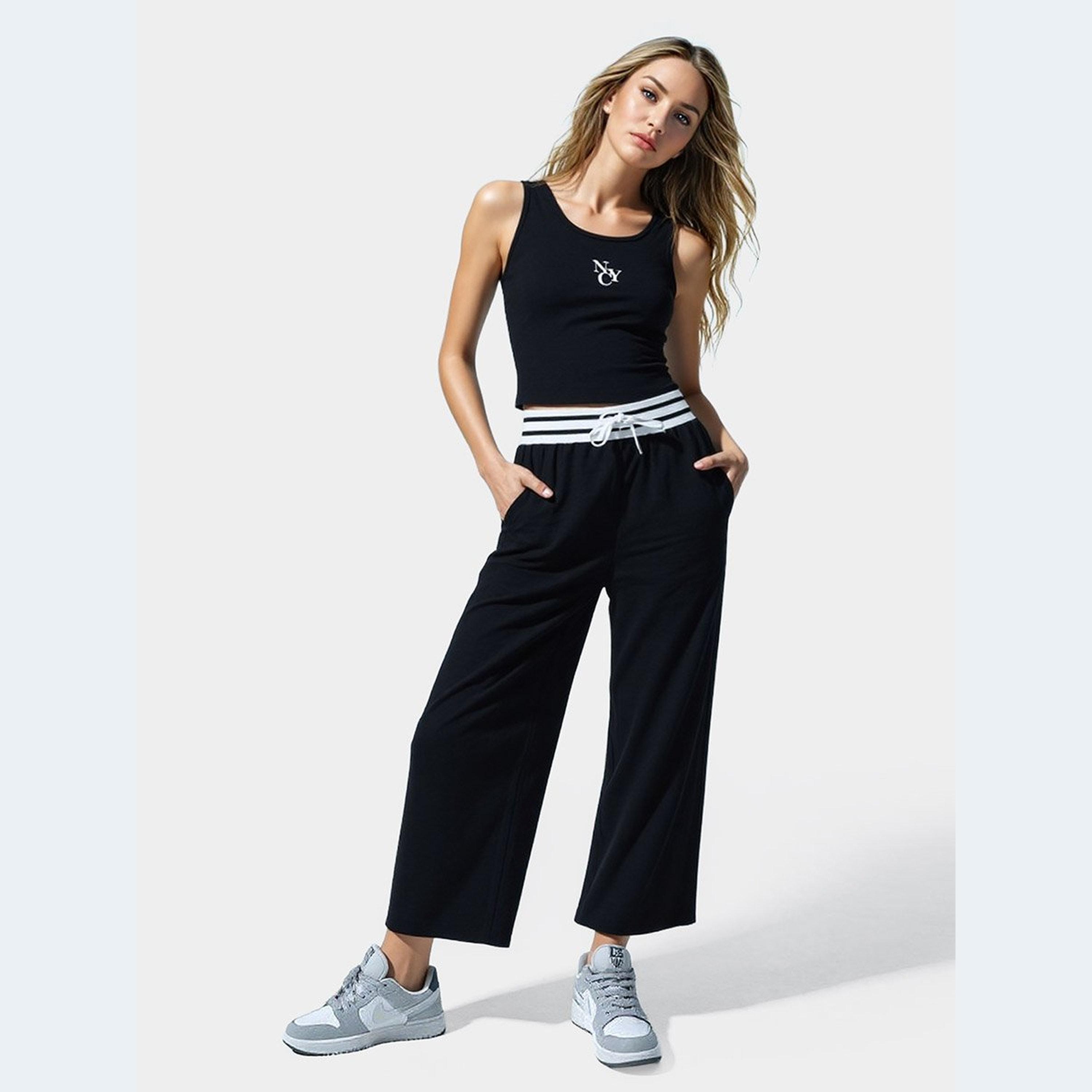 Styli Black Embroidered Ribbed Tank and Joggers Co-Ords-women-clothing-coordsets-image-1