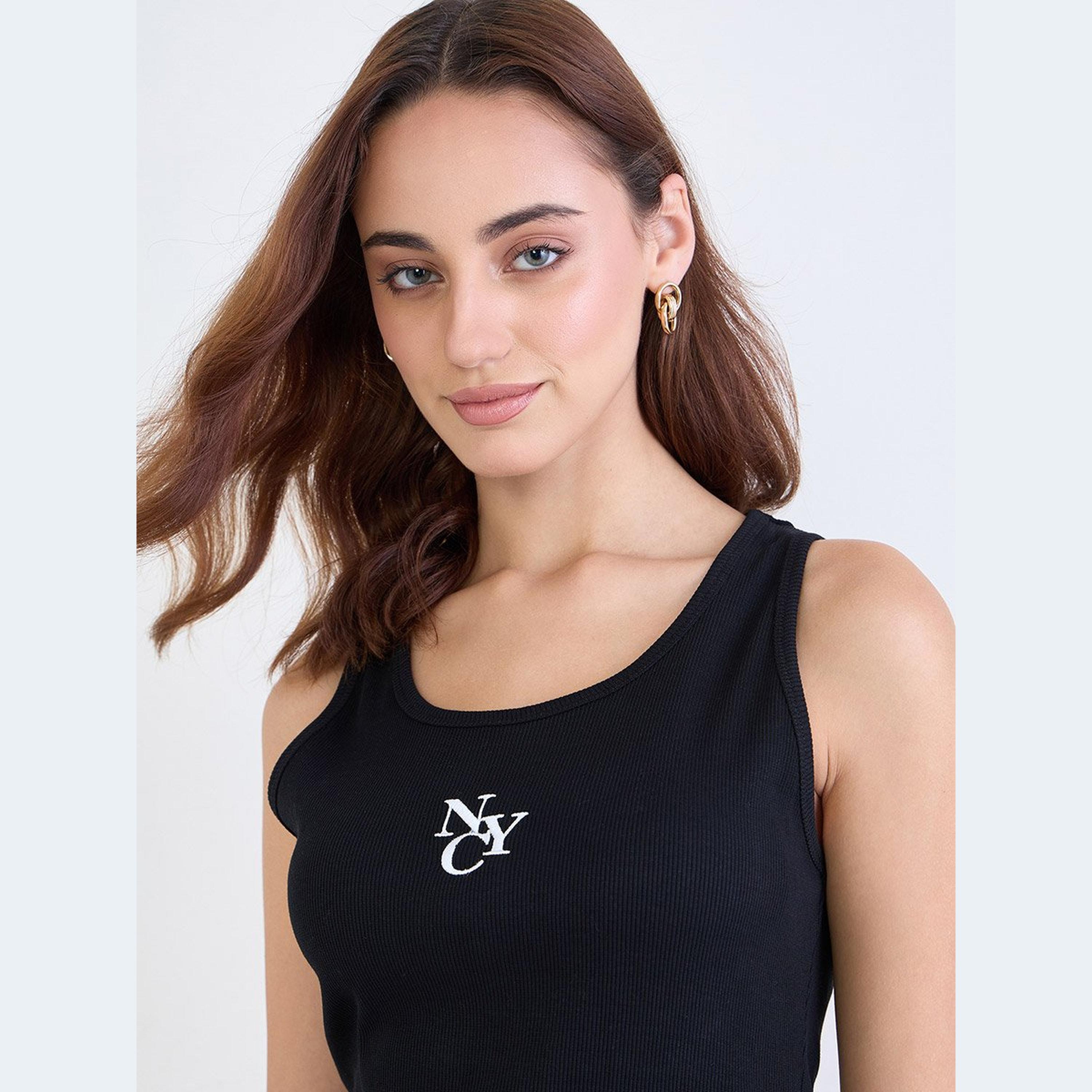Styli Black Embroidered Ribbed Tank and Joggers Co-Ords-women-clothing-coordsets-image-4