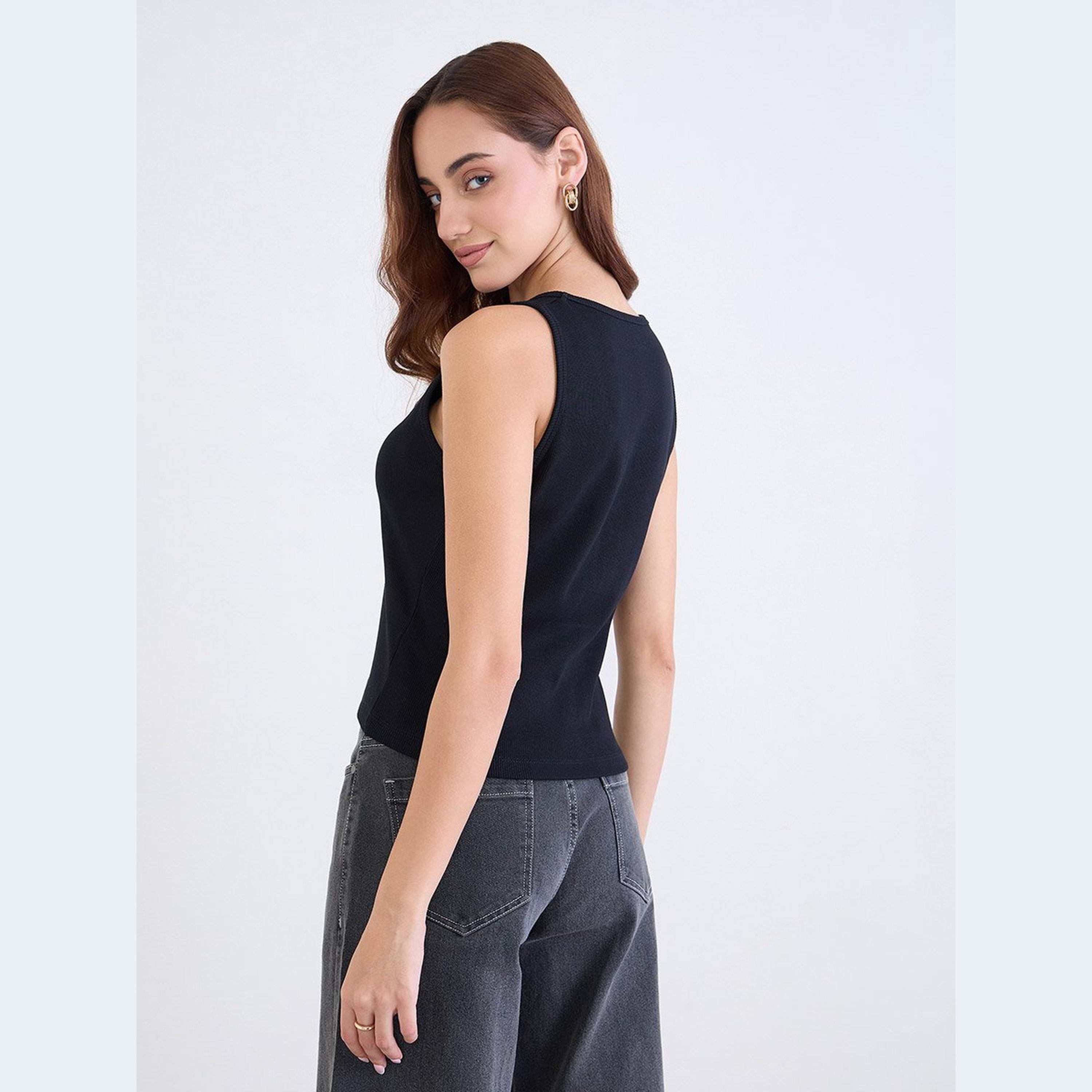 Styli Black Embroidered Ribbed Tank and Joggers Co-Ords-women-clothing-coordsets-image-5