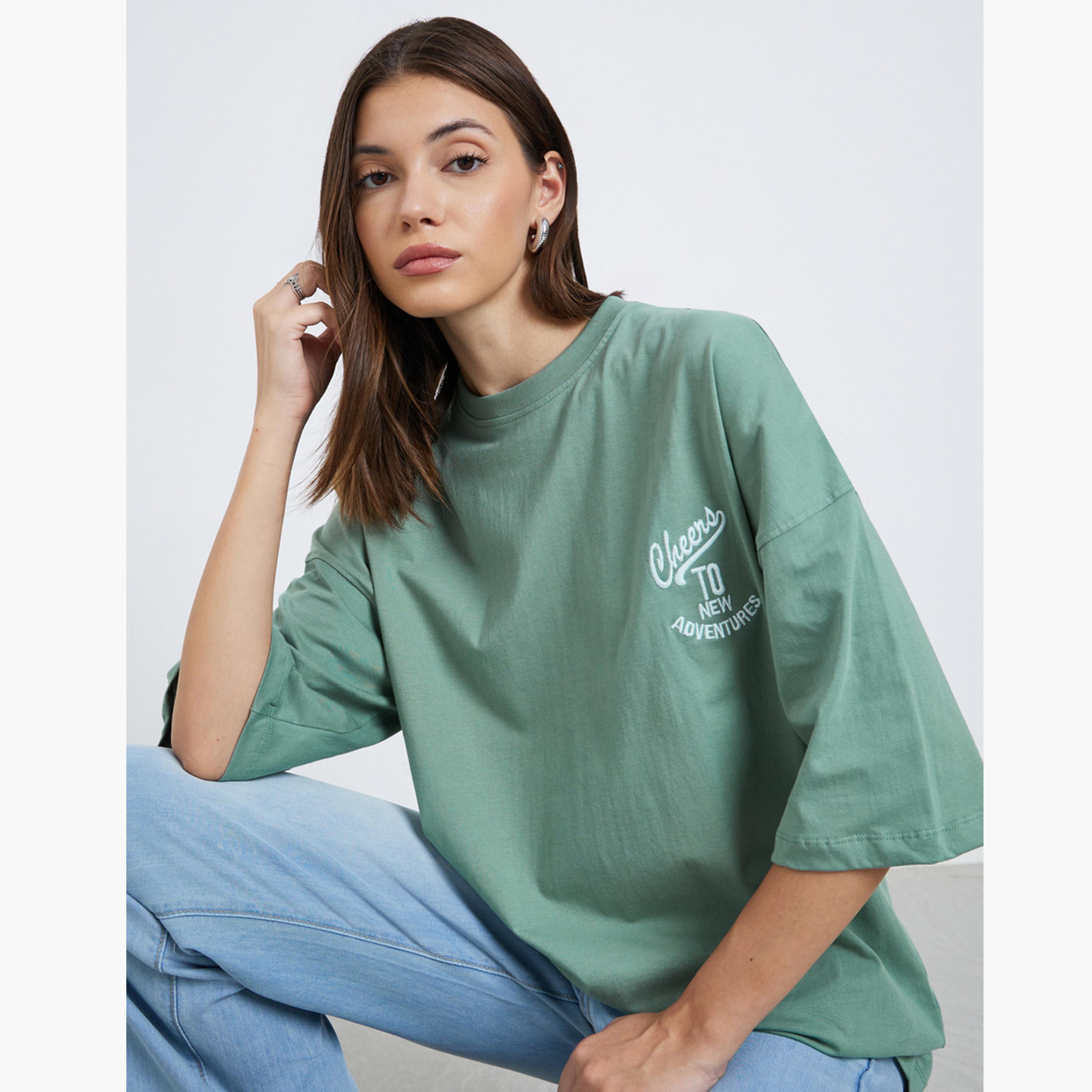 Styli Green Oversized Embroidered Slogan T-Shirt-women-clothing-tshirts-image-1
