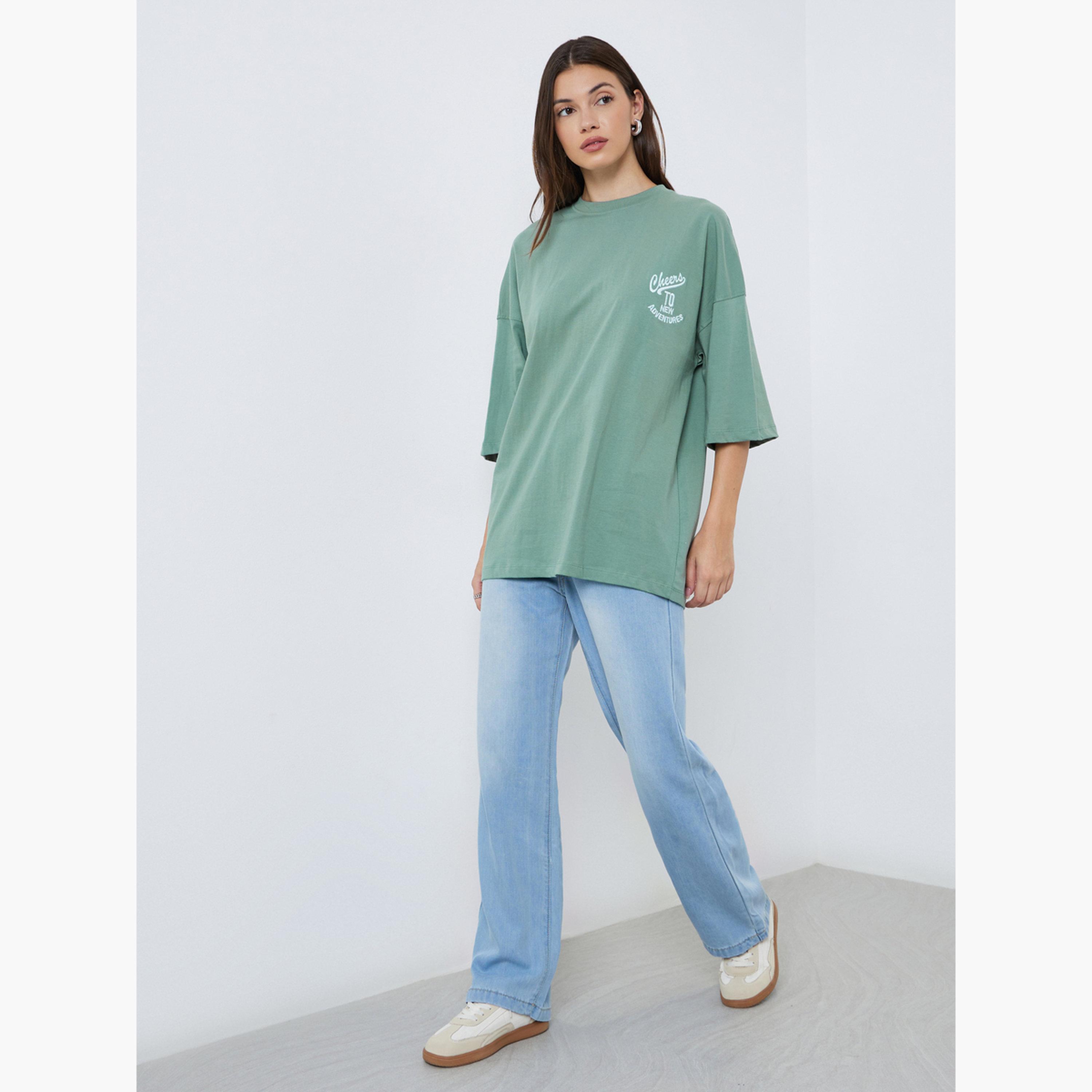 Styli Green Oversized Embroidered Slogan T-Shirt-women-clothing-tshirts-image-2