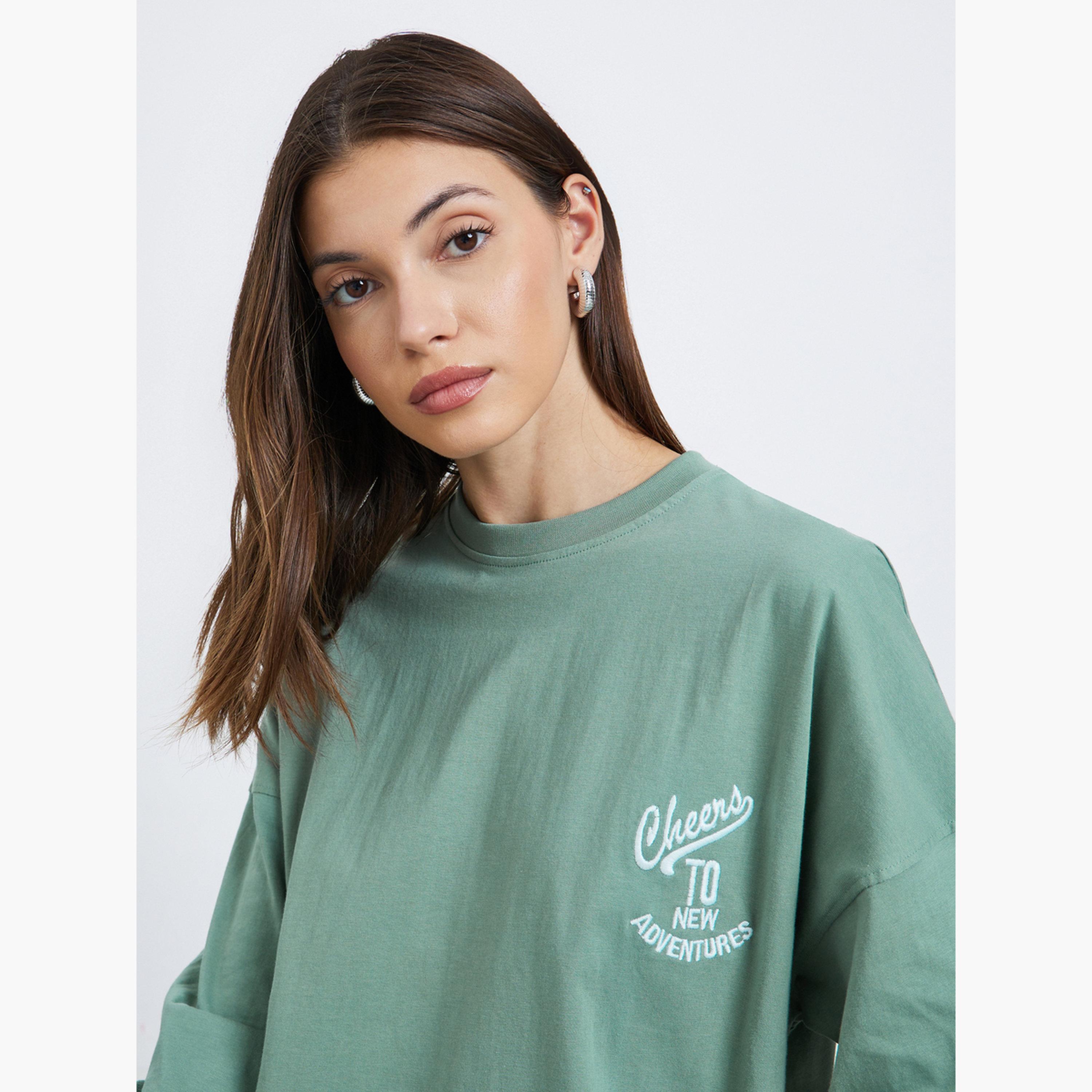 Styli Green Oversized Embroidered Slogan T-Shirt-women-clothing-tshirts-image-3