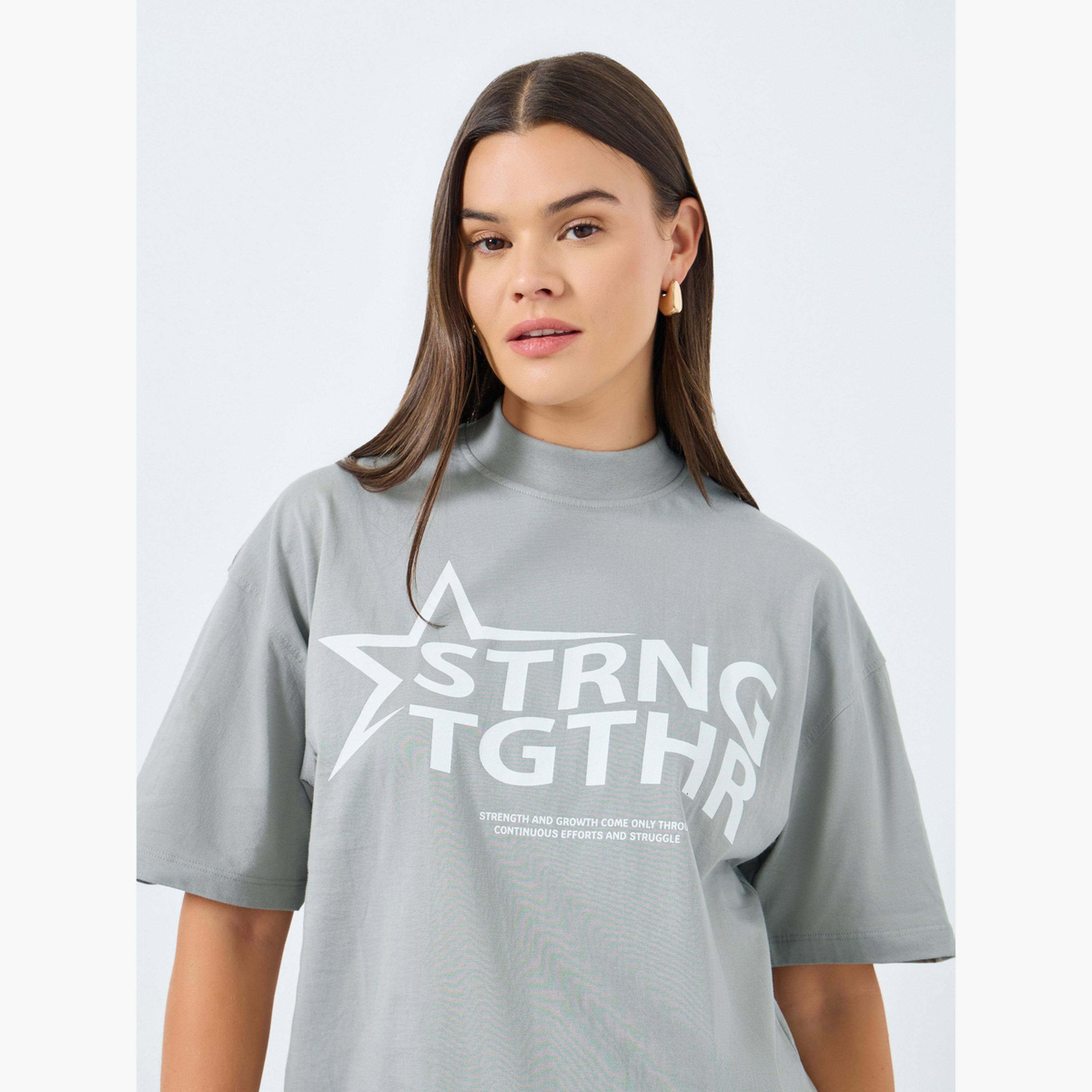 Styli Grey Slogan Print Relaxed Fit T-Shirt-women-clothing-tshirts-image-3