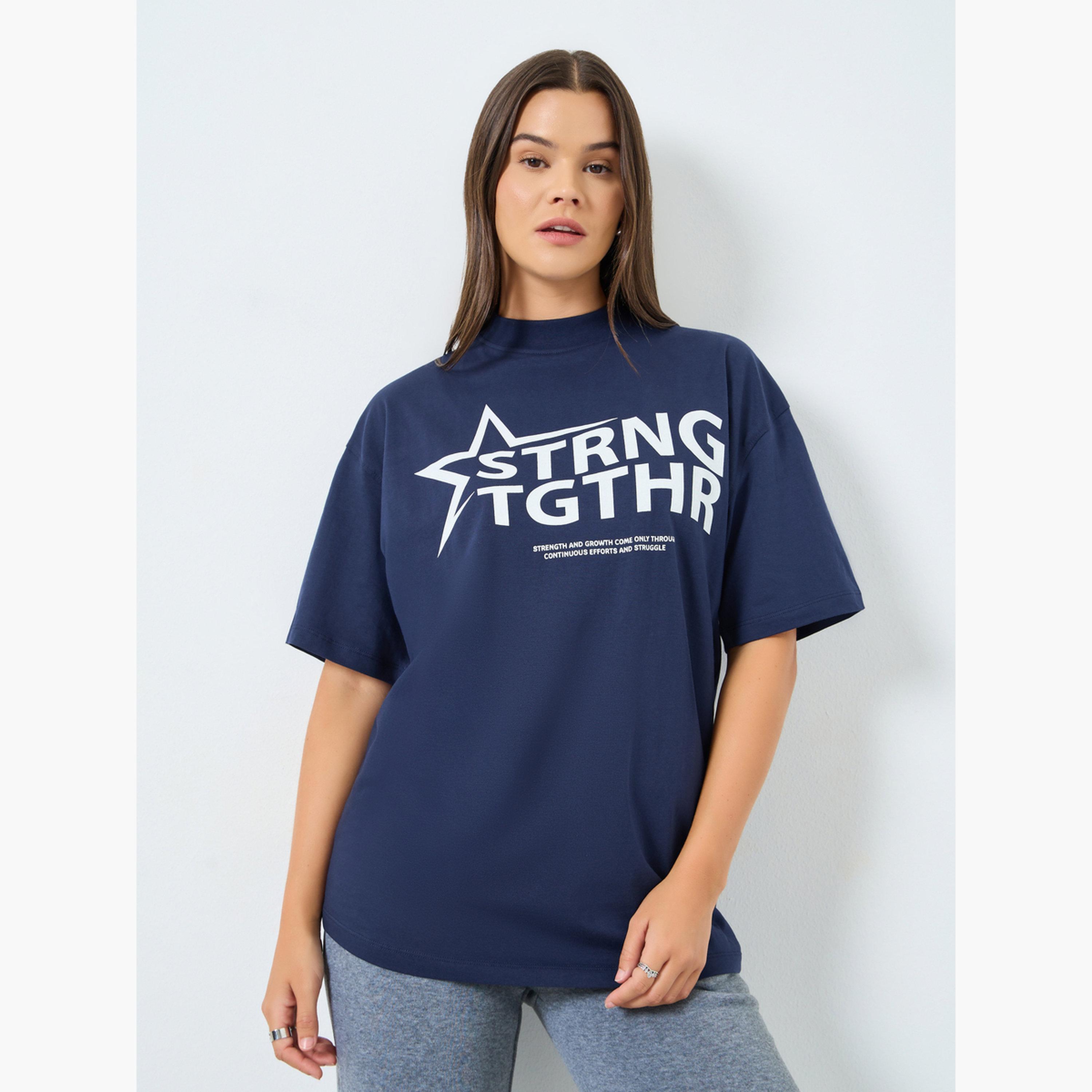 Styli Navy Blue Slogan Print Relaxed Fit T-Shirt-women-clothing-tshirts-image-1