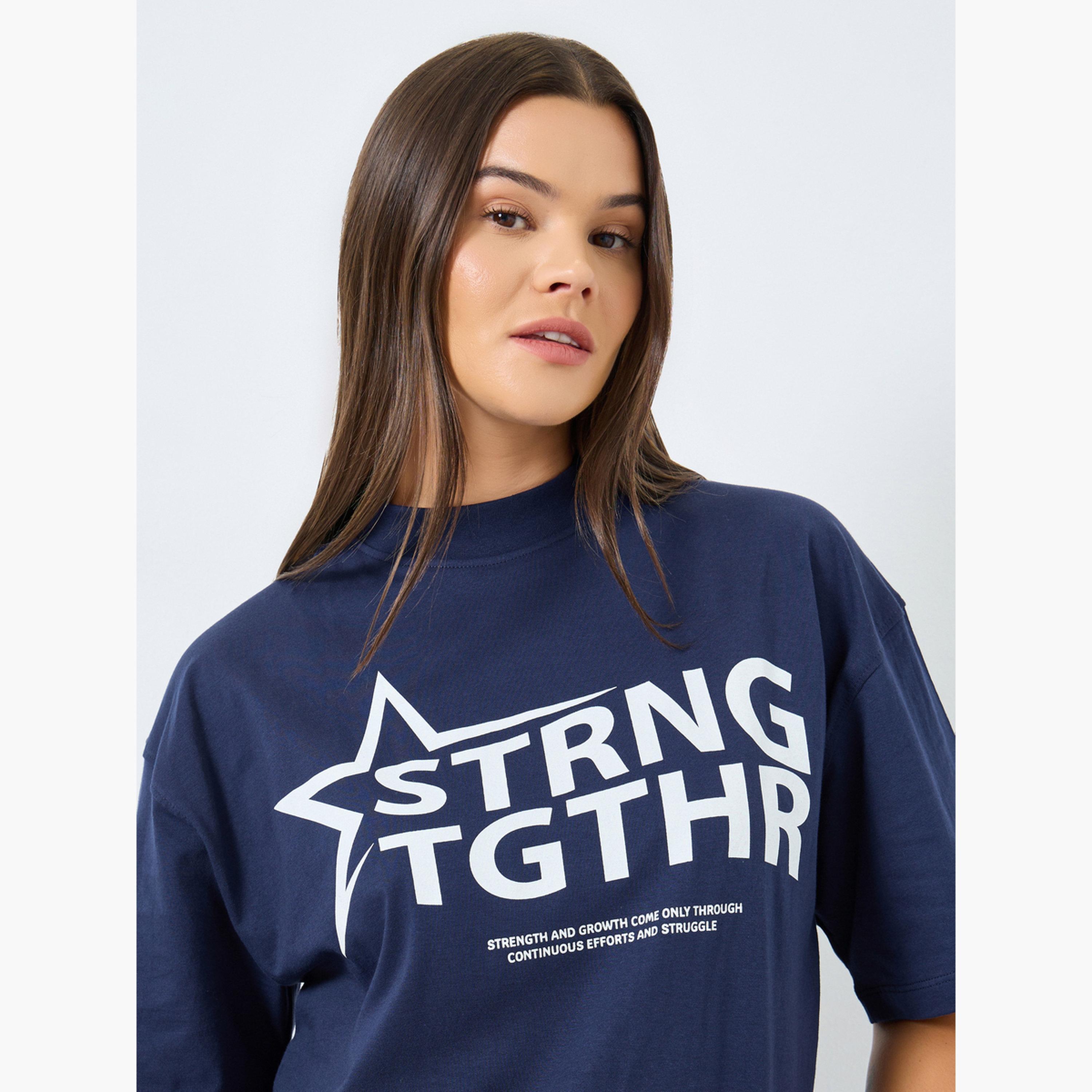 Styli Navy Blue Slogan Print Relaxed Fit T-Shirt-women-clothing-tshirts-image-3
