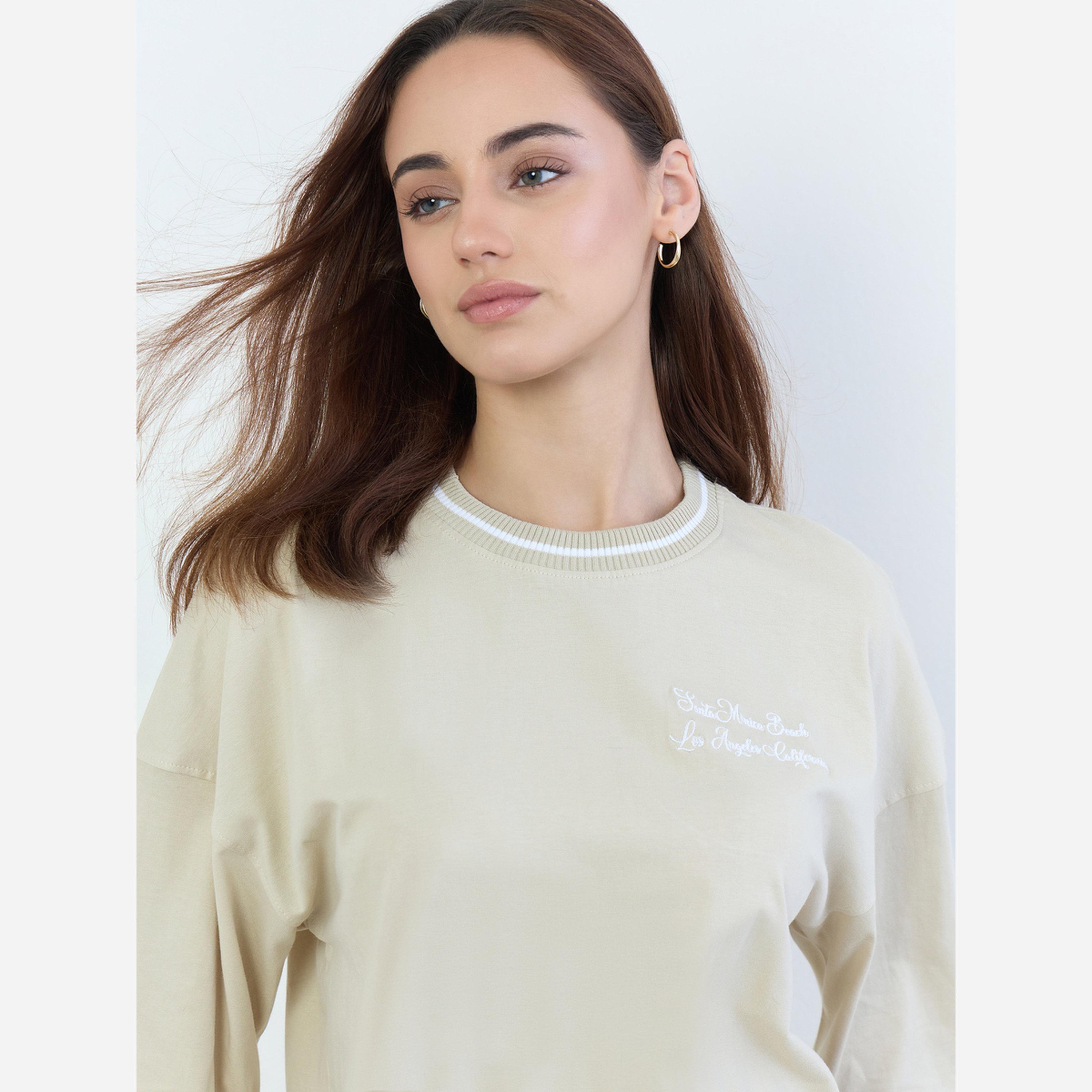 Styli Beige Slogan Embroidered Oversized T-Shirt-women-clothing-tshirts-image-4