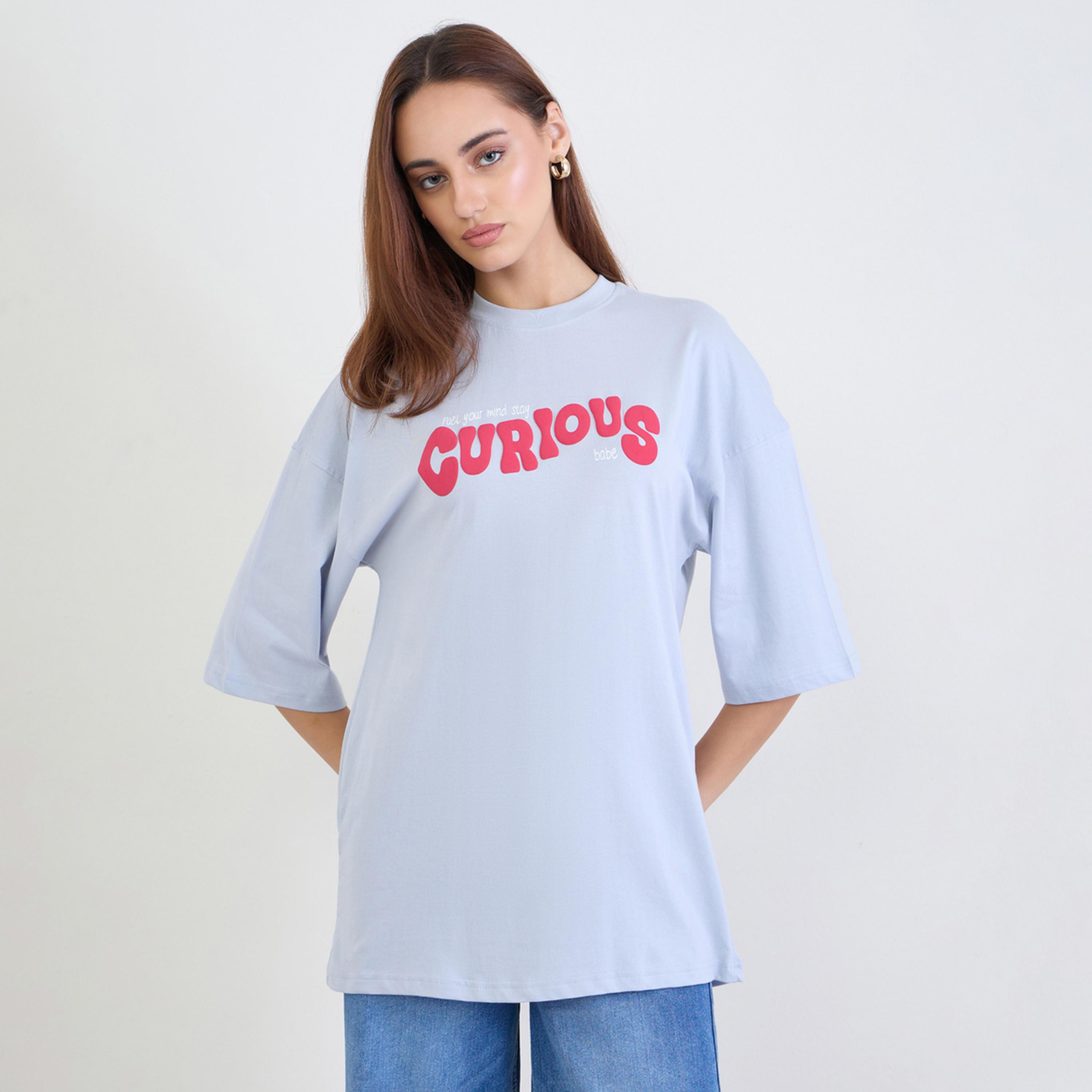ستايلي - تي شيرت أزرق حجم كبير طبعة شعار-women-clothing-tshirts-image-1