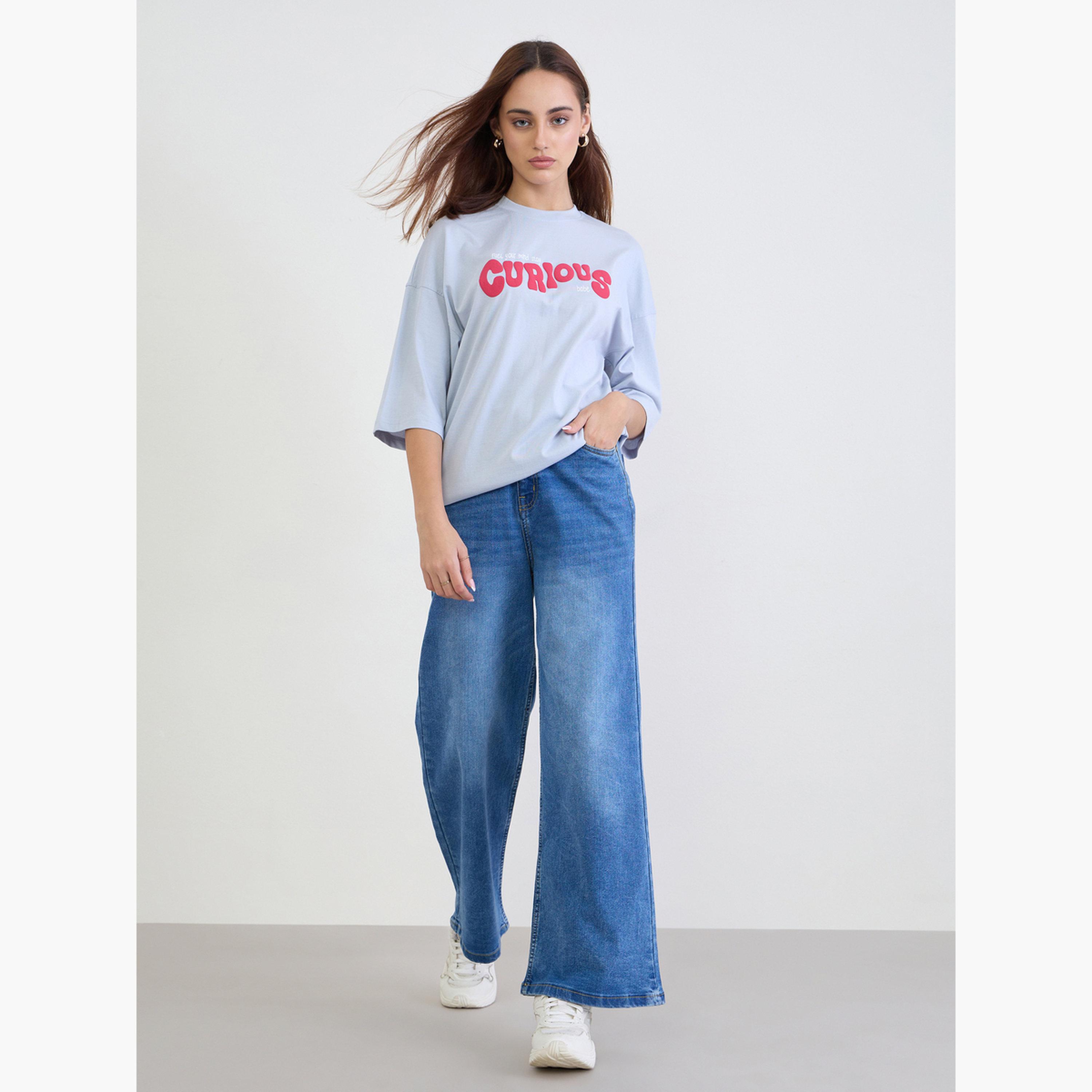 Styli Blue Slogan Print Oversized T-Shirt-women-clothing-tshirts-image-2