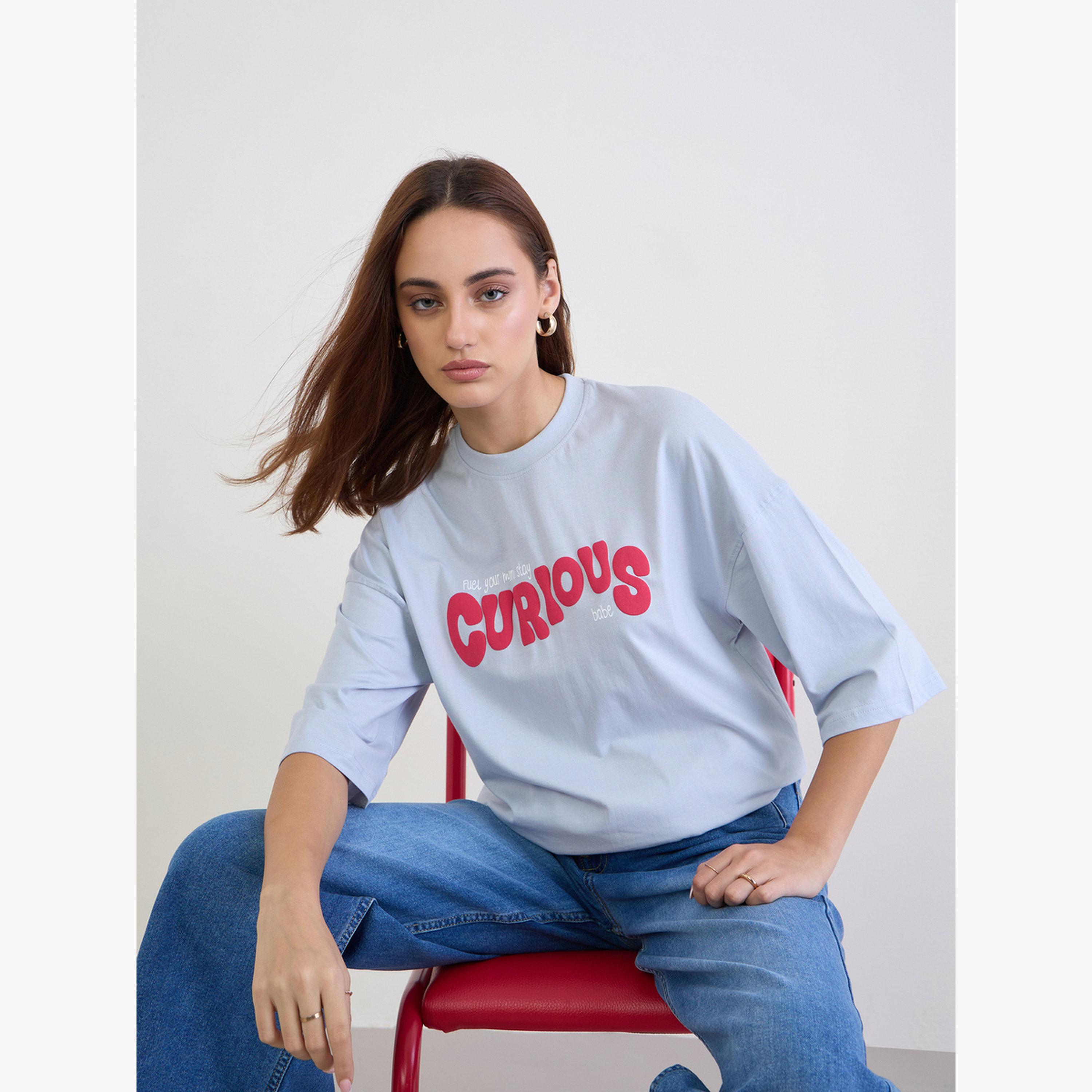 Styli Blue Slogan Print Oversized T-Shirt-women-clothing-tshirts-image-3