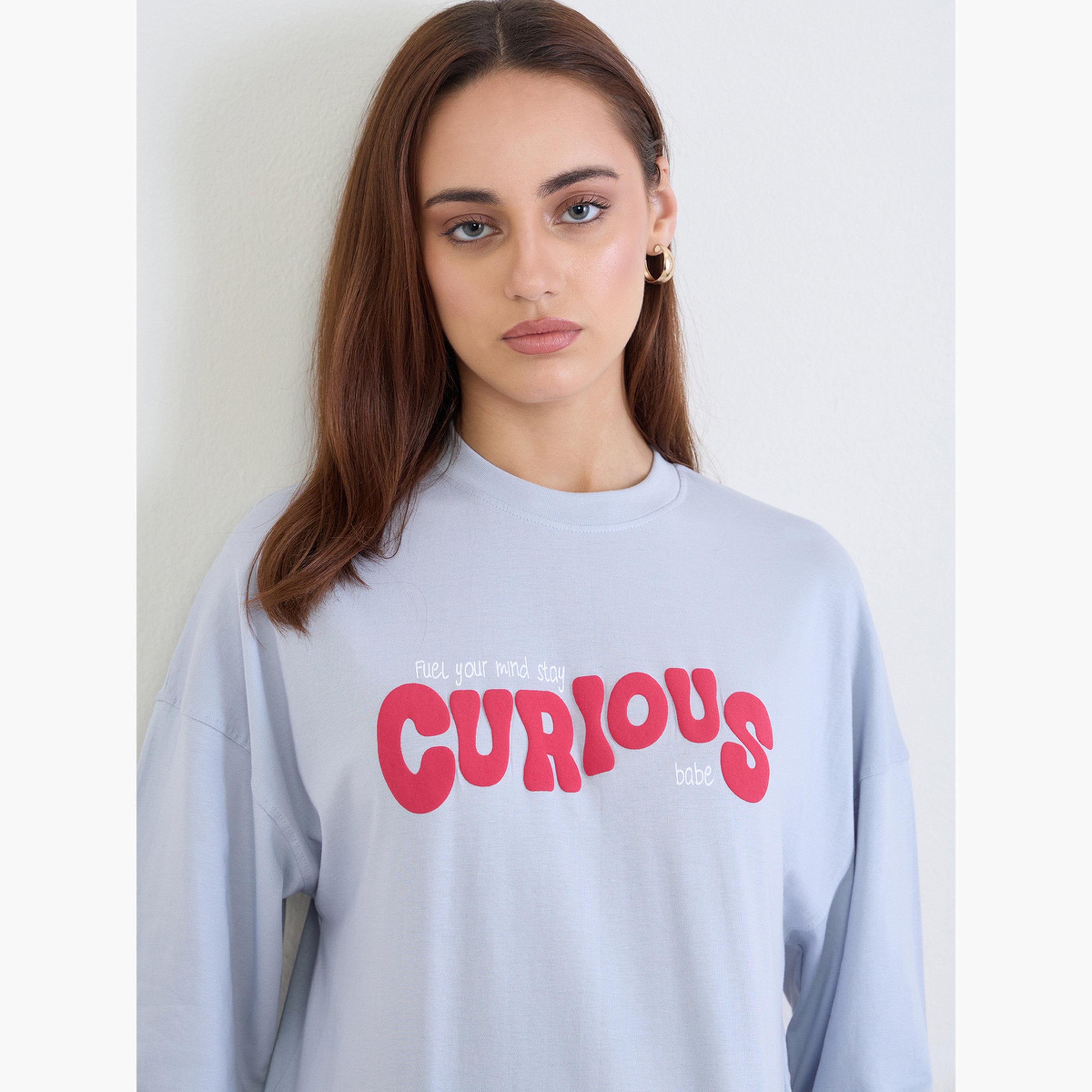 Styli Blue Slogan Print Oversized T-Shirt-women-clothing-tshirts-image-4