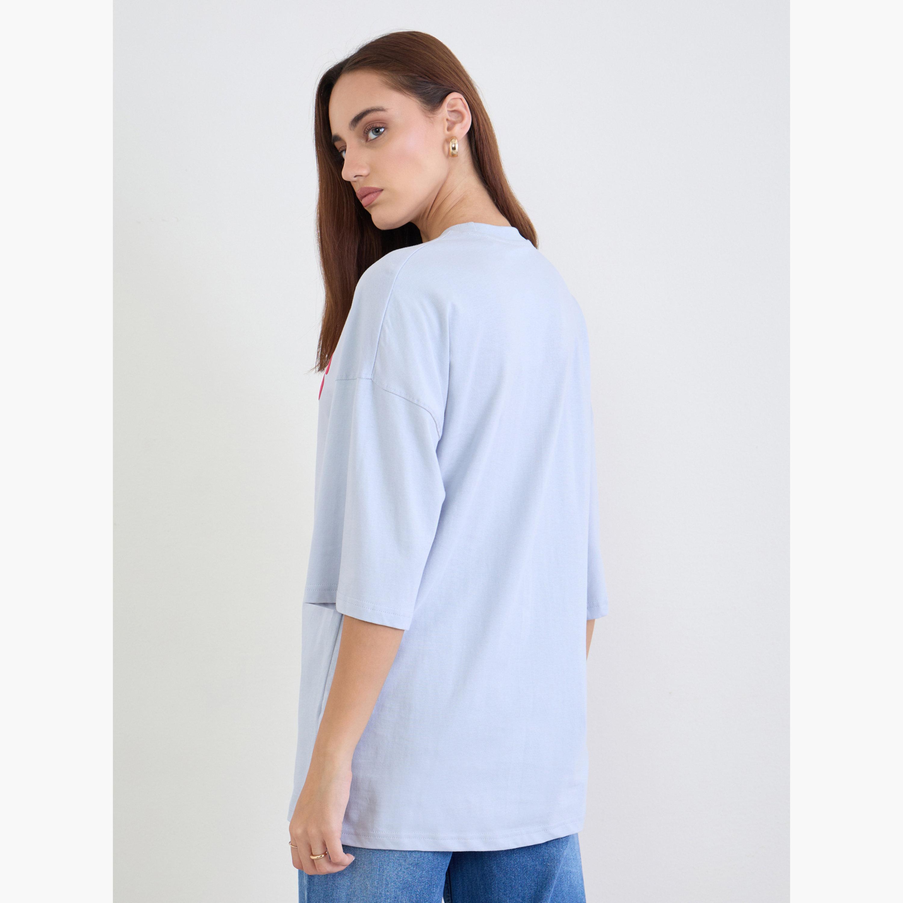 Styli Blue Slogan Print Oversized T-Shirt-women-clothing-tshirts-image-5