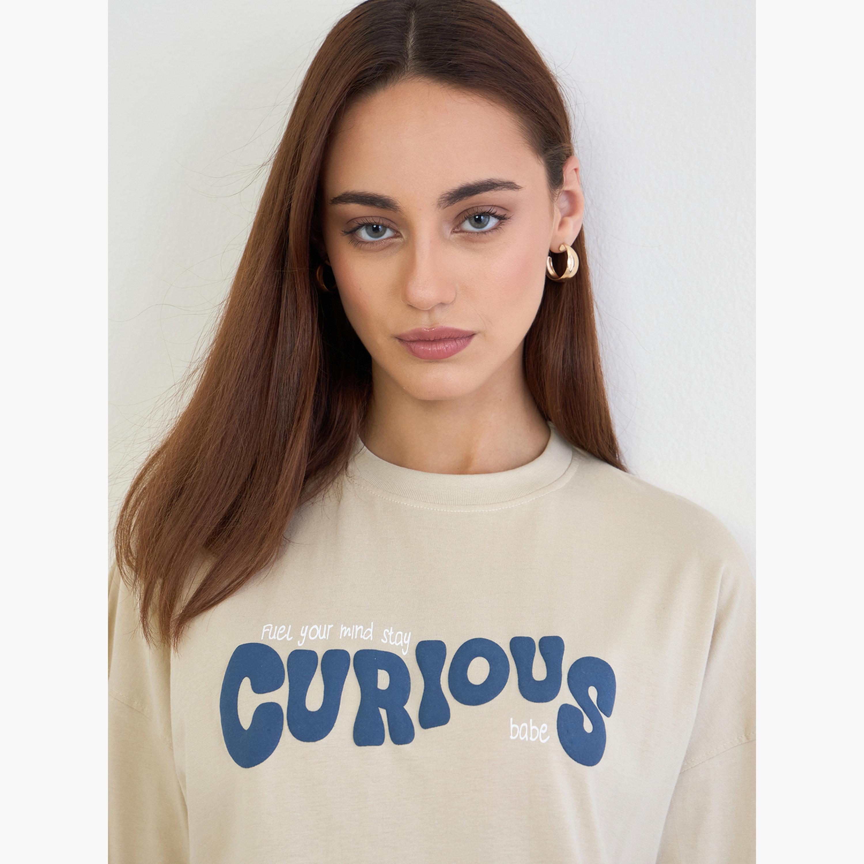 Styli Beige Slogan Print Oversized T-Shirt-women-clothing-tshirts-image-3
