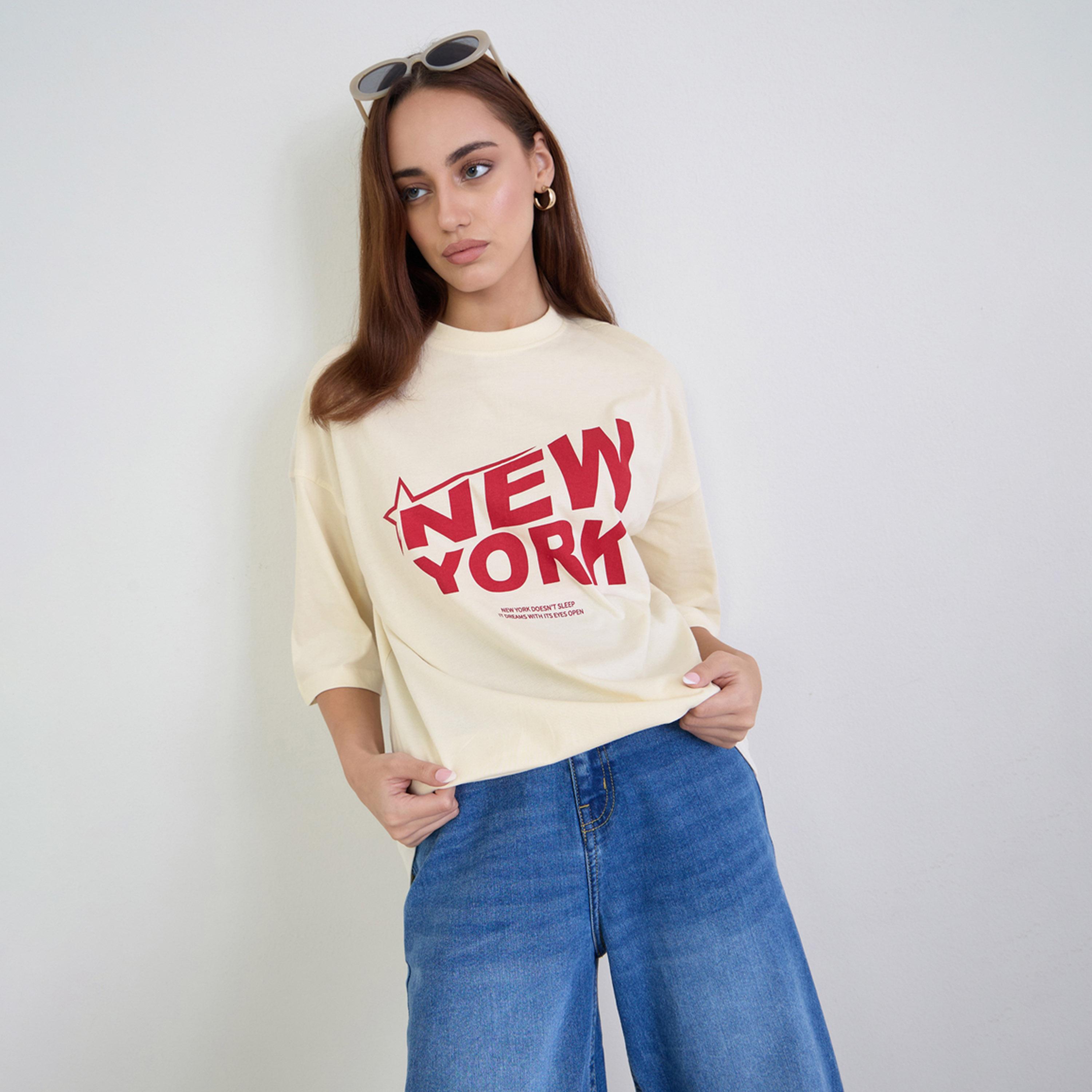 Styli Beige Graphic Oversized T-Shirt-women-clothing-tshirts-image-1