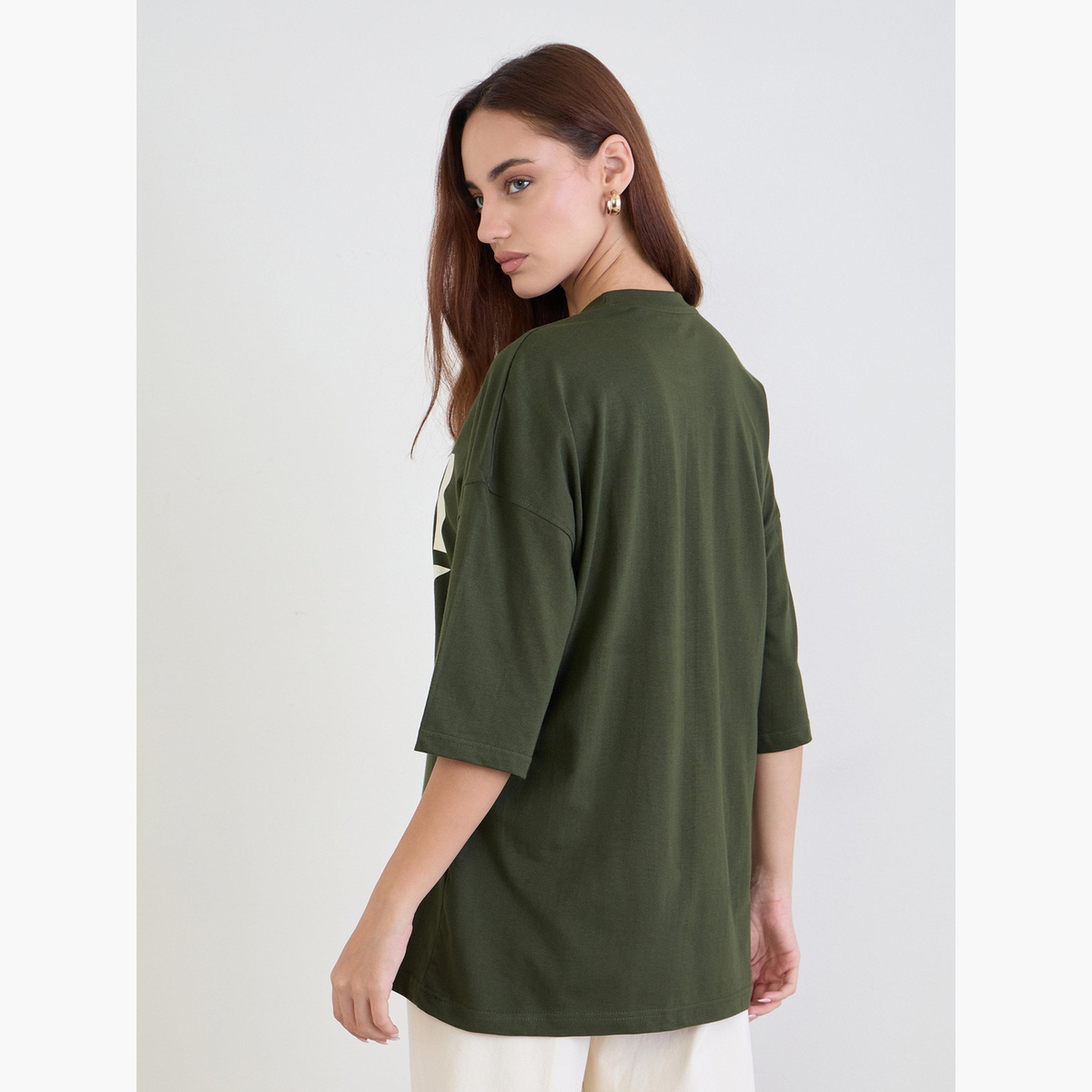 ستايلي - تي شيرت أخضر حجم كبير برسومات جرافيكية-women-clothing-tshirts-image-5