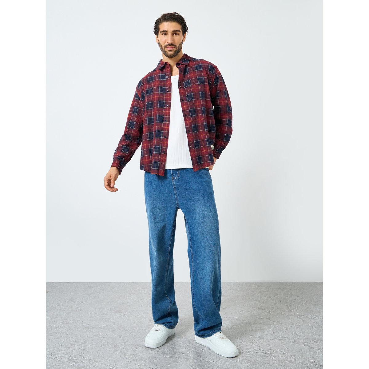 قميص بقصة مريحة وطبعة مربعات-men-clothing-shirts-image-2