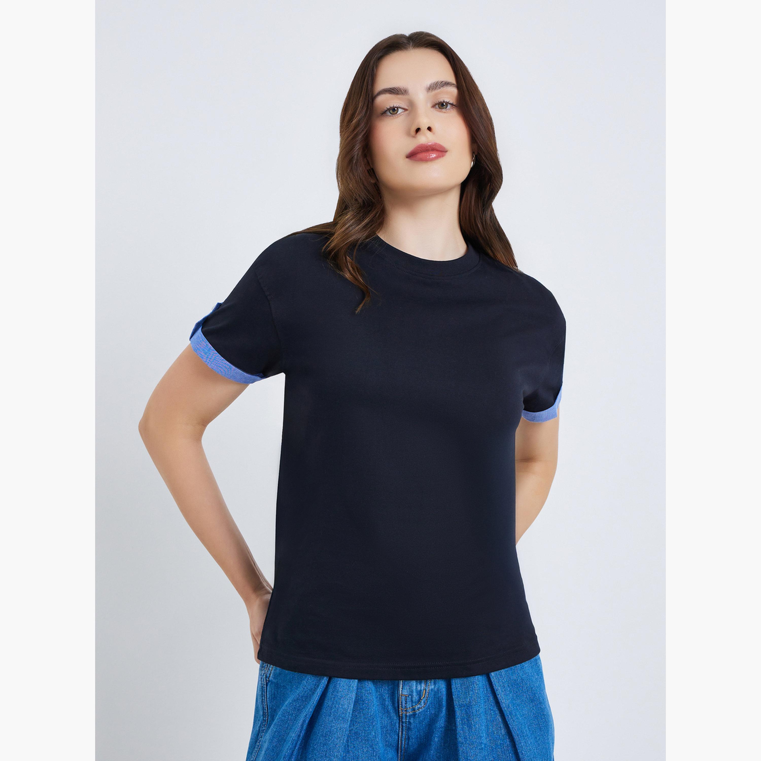 Styli Women Cotton T-Shirt with Contrast Cuff Detail-women-clothing-tshirts-image-1