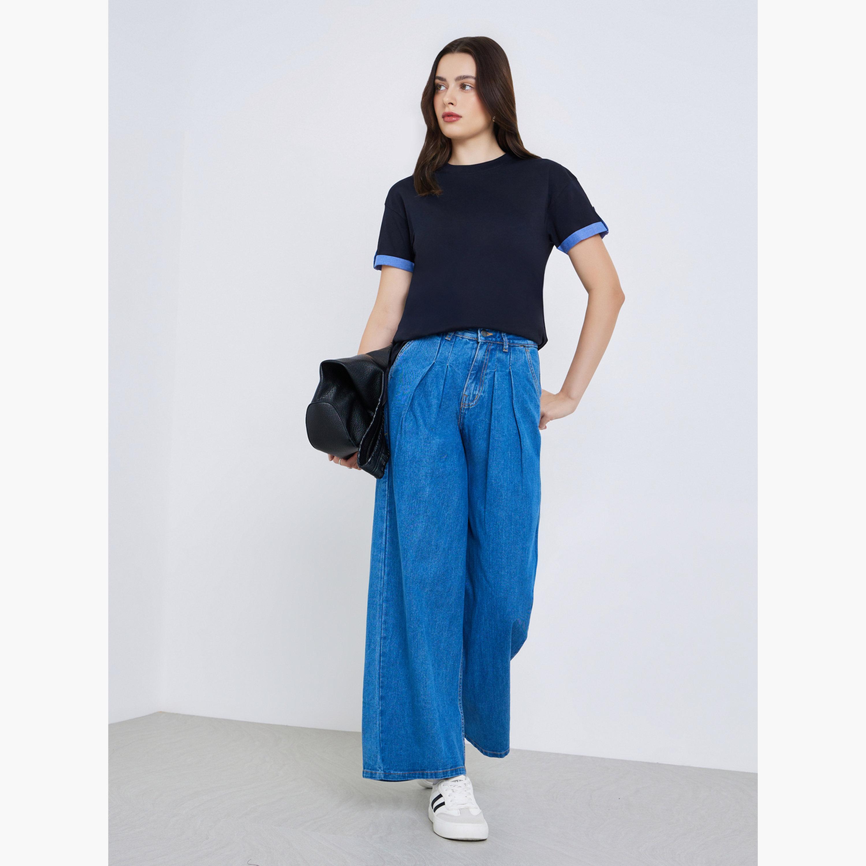 Styli Women Cotton T-Shirt with Contrast Cuff Detail-women-clothing-tshirts-image-2