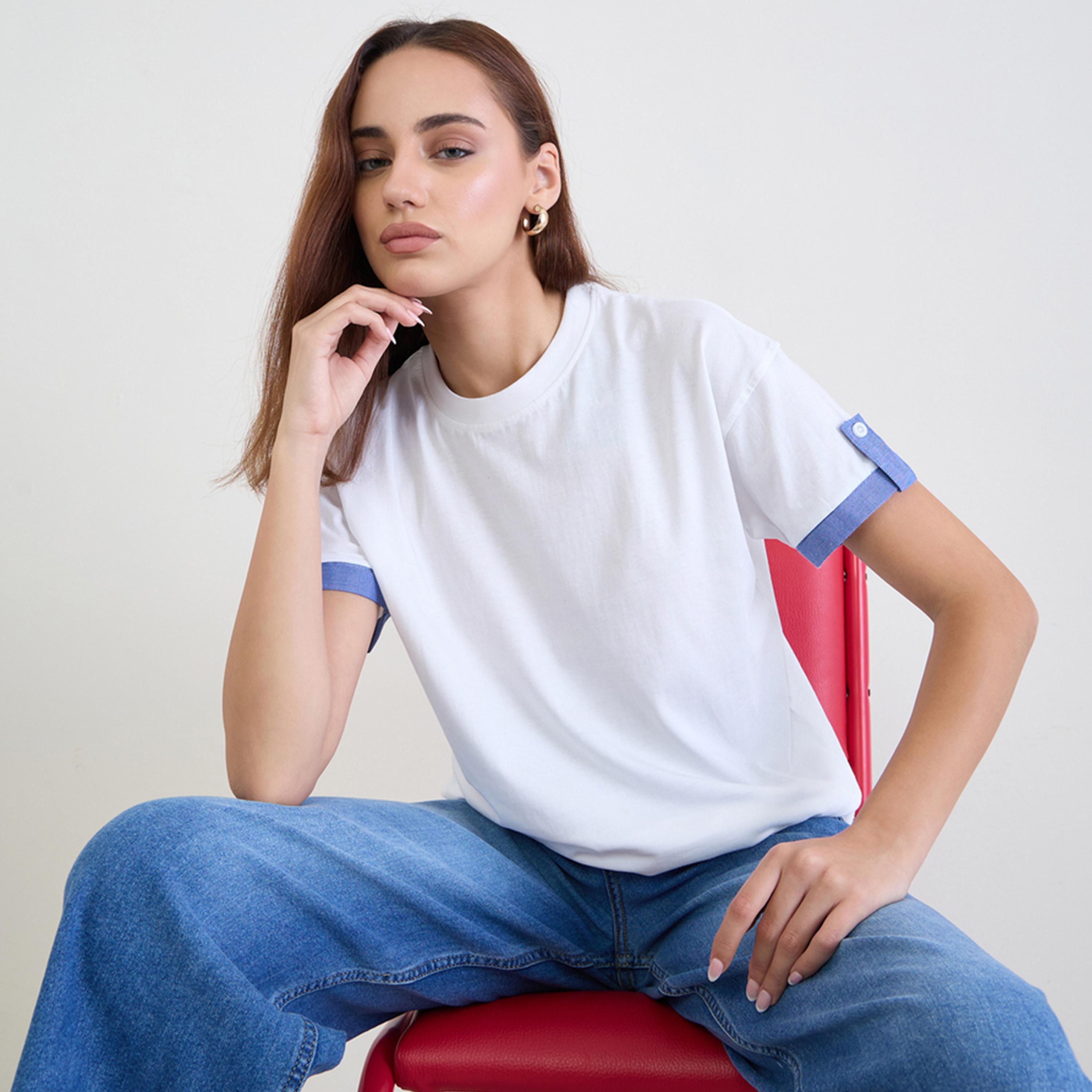 Styli White Cotton T-Shirt with Blue Cuff Detail-women-clothing-tshirts-image-1