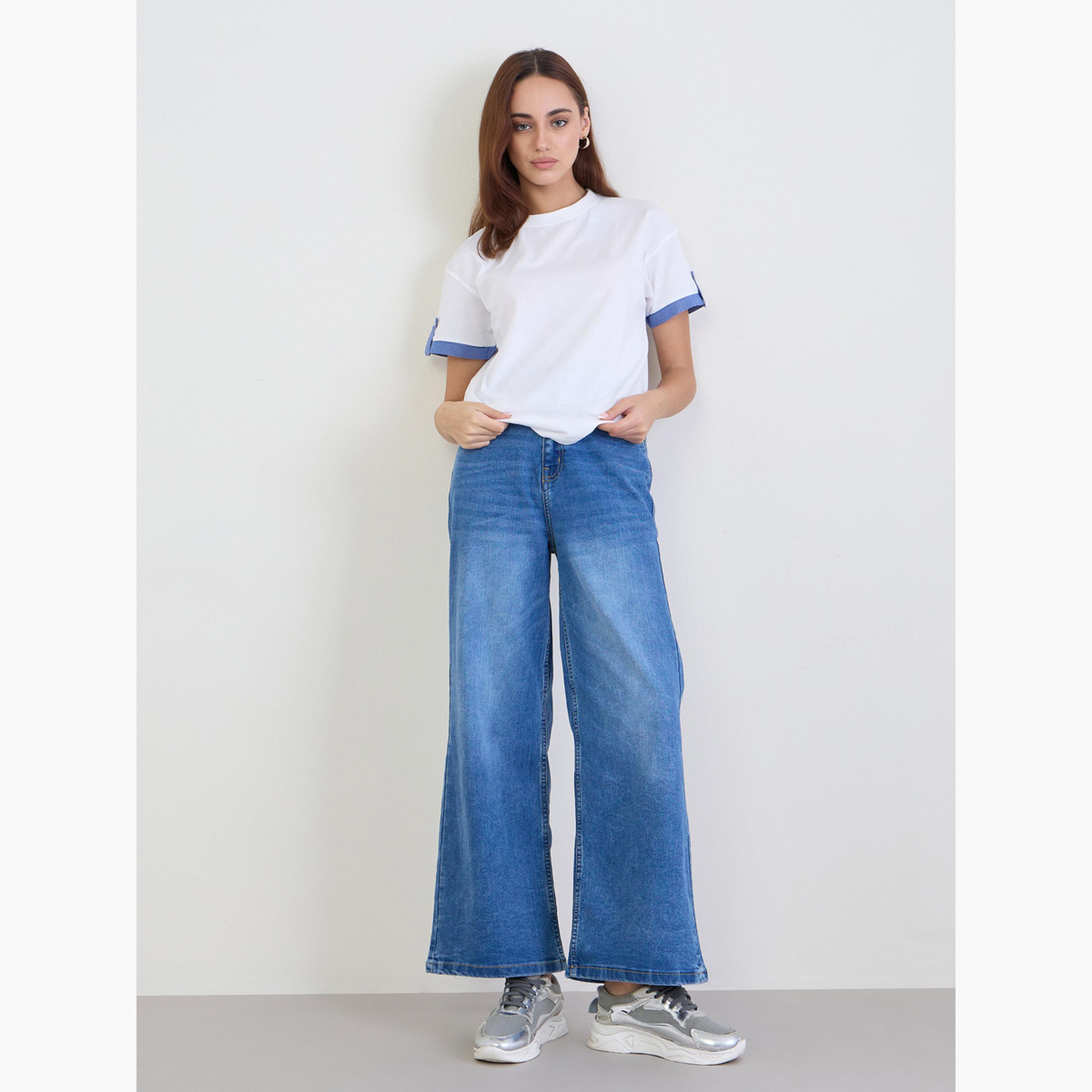 Styli White Cotton T-Shirt with Blue Cuff Detail-women-clothing-tshirts-image-2