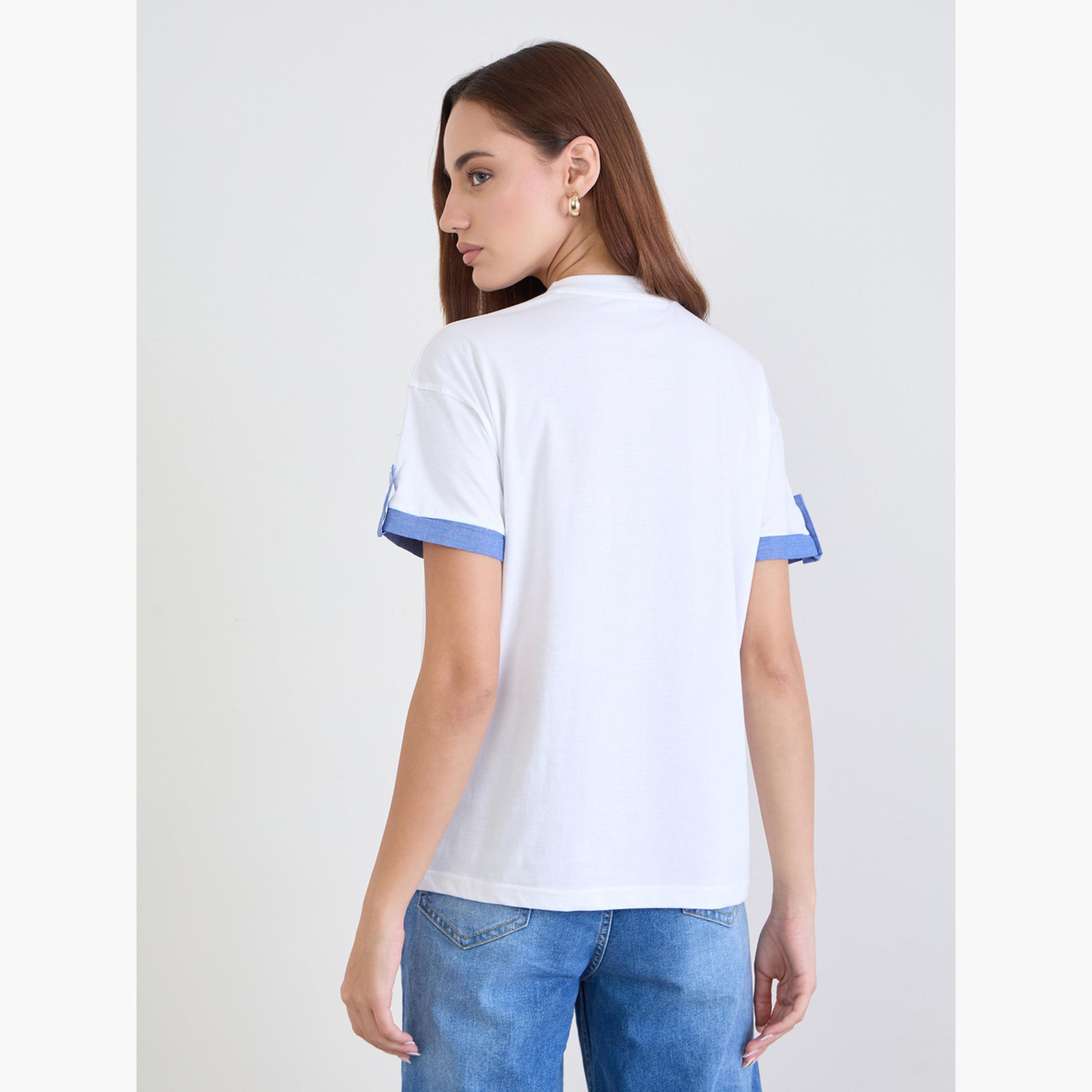 Styli White Cotton T-Shirt with Blue Cuff Detail-women-clothing-tshirts-image-5