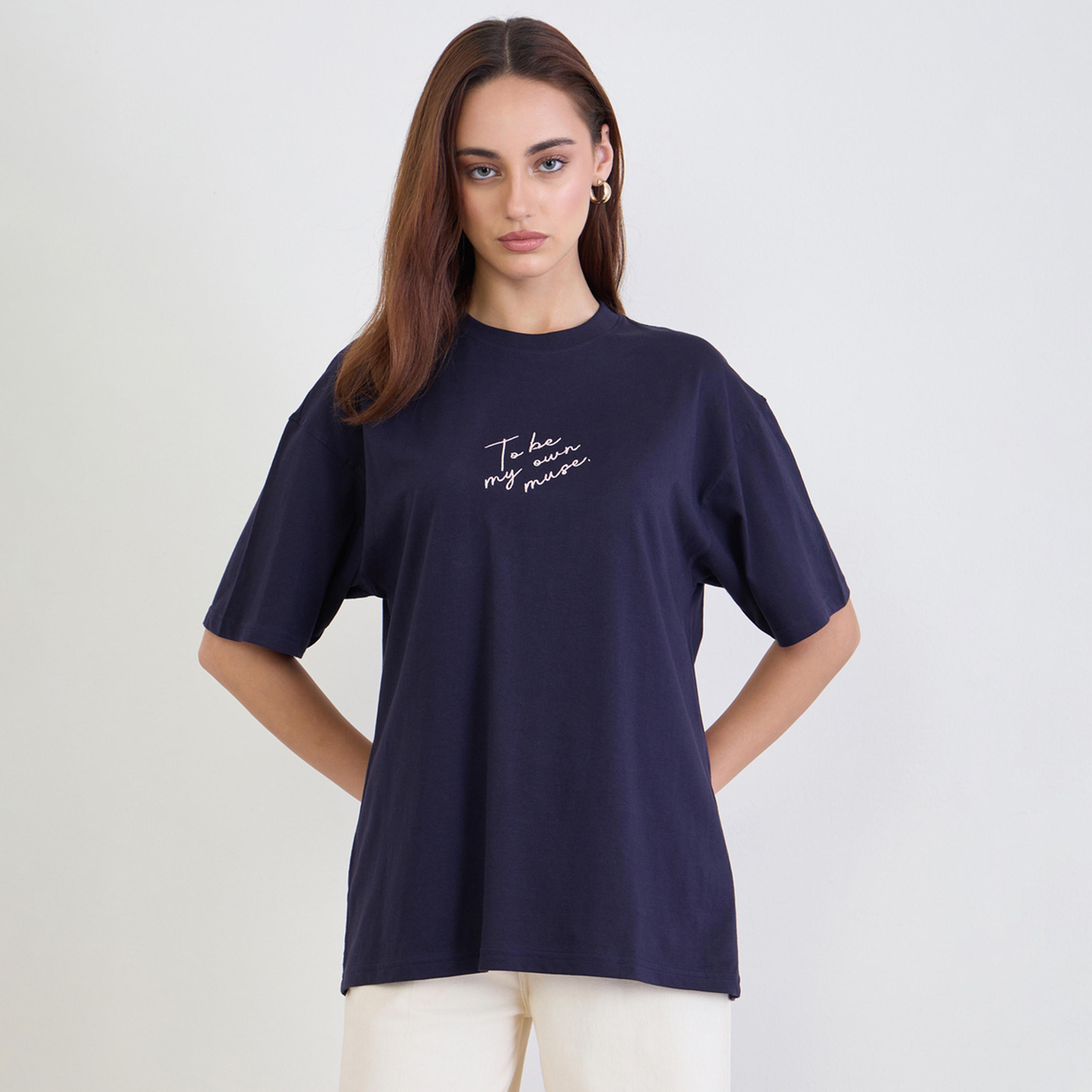 Styli Navy Blue Embroidered Slogan Oversized T-Shirt-women-clothing-tshirts-image-1