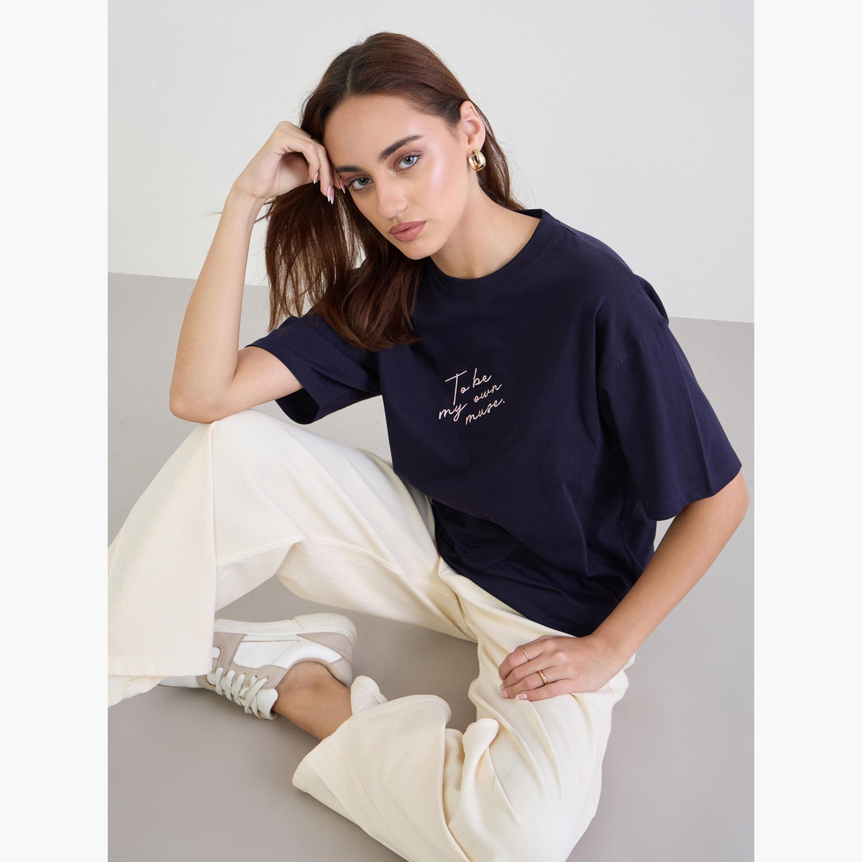 Styli Navy Blue Embroidered Slogan Oversized T-Shirt-women-clothing-tshirts-image-3