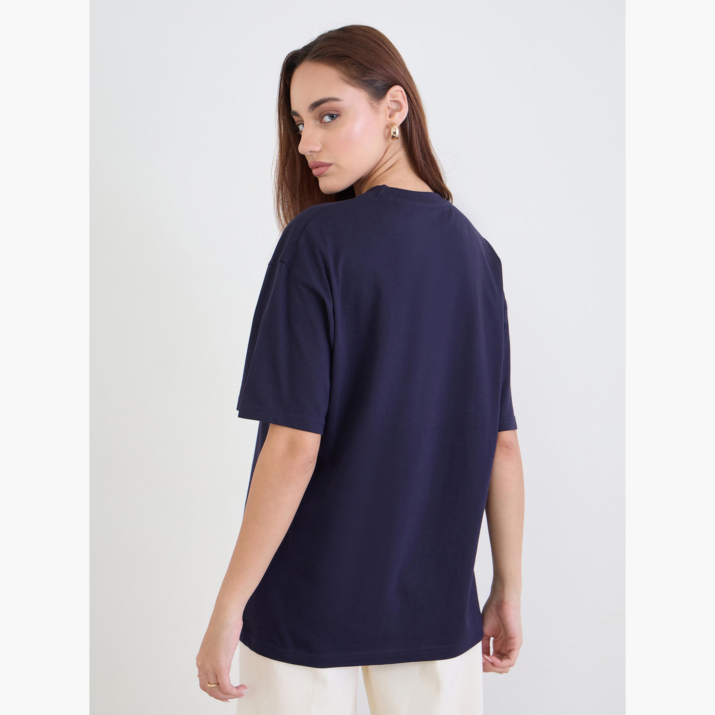 Styli Navy Blue Embroidered Slogan Oversized T-Shirt-women-clothing-tshirts-image-5