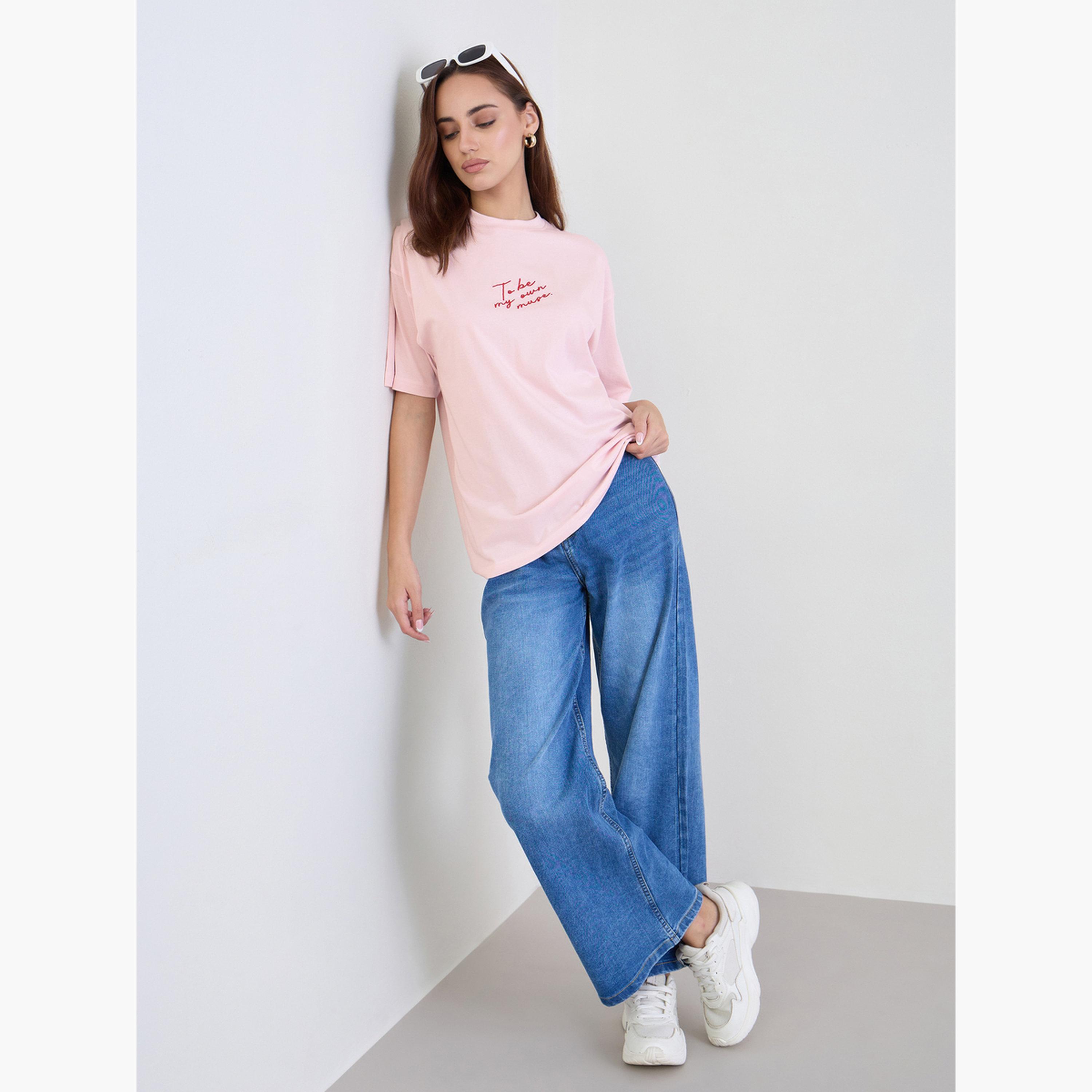 Styli Pink Slogan Print Oversized T-Shirt-women-clothing-tshirts-image-2