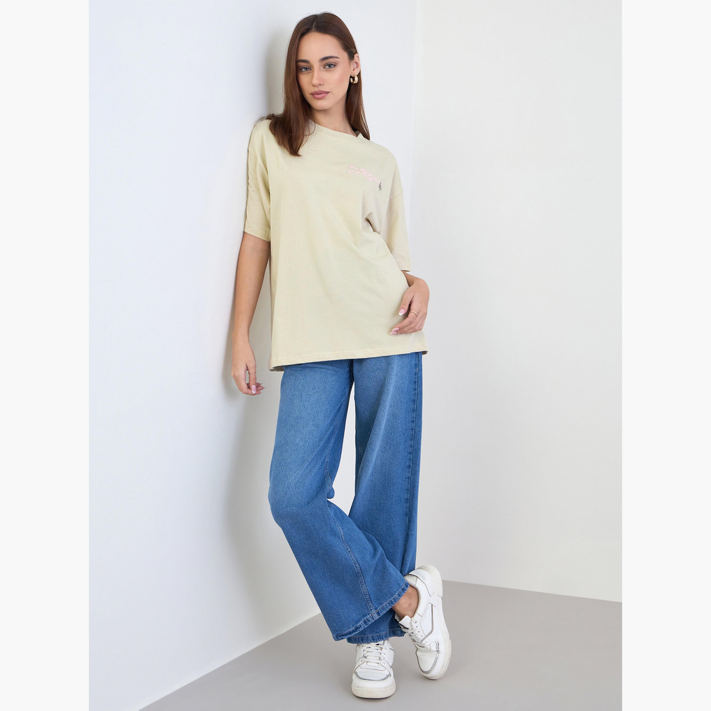 Styli Beige Slogan Print Oversized T-Shirt-women-clothing-tshirts-image-2