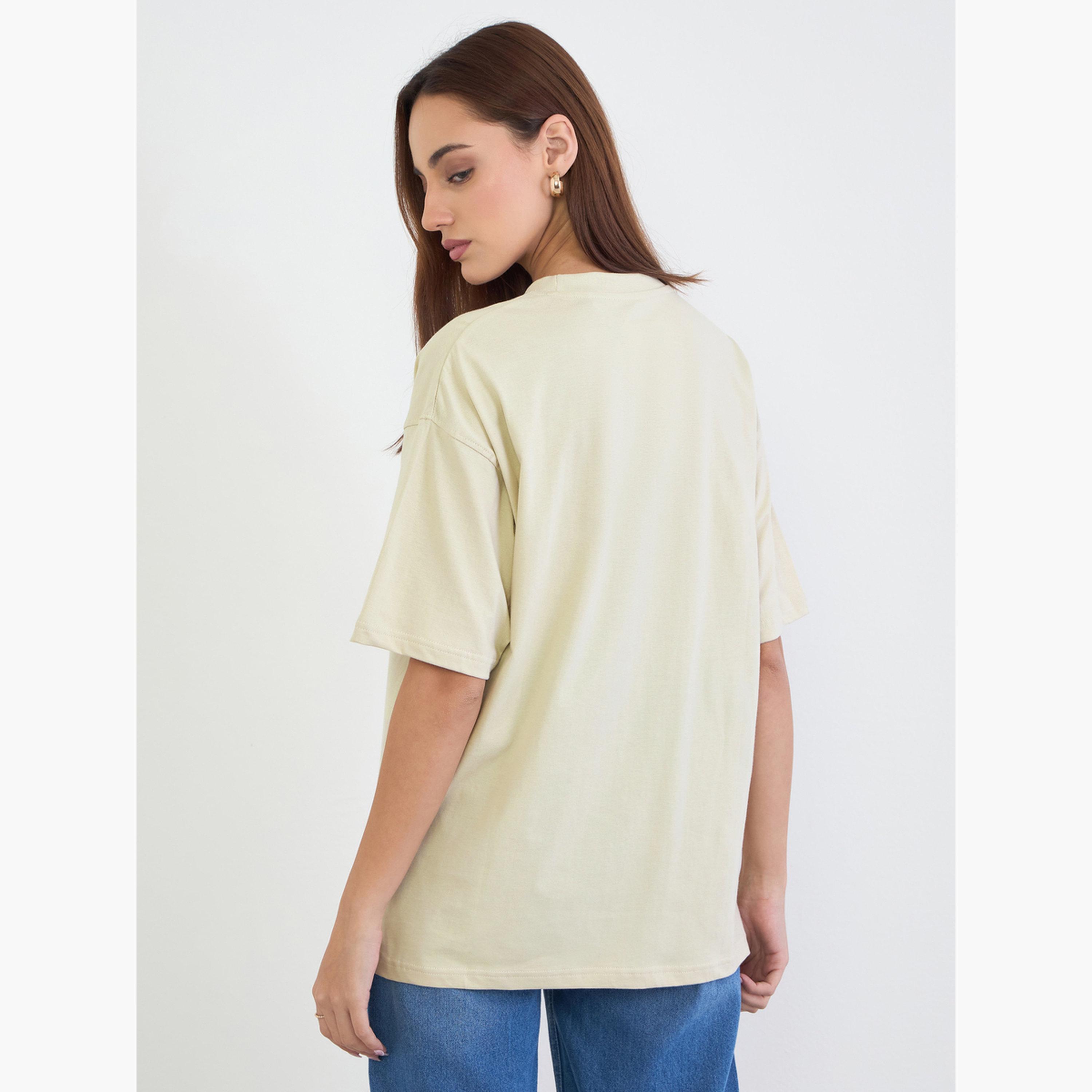 Styli Beige Slogan Print Oversized T-Shirt-women-clothing-tshirts-image-5