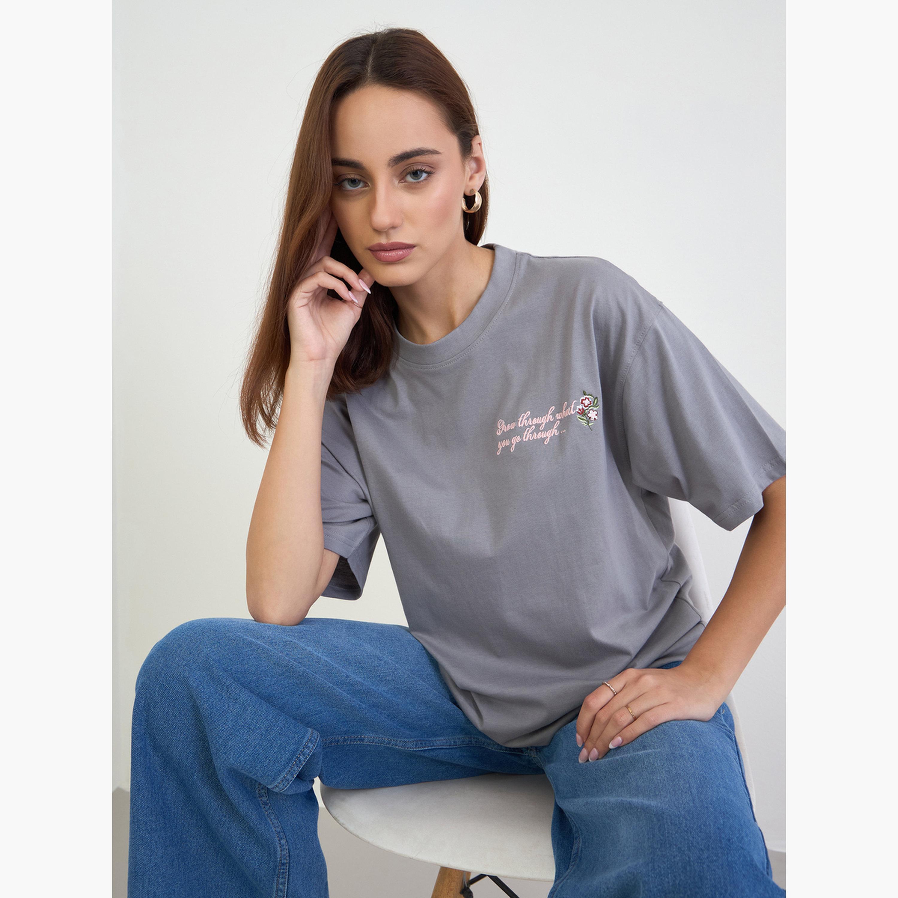 Styli Grey Slogan Embroidered Oversized T-Shirt-women-clothing-tshirts-image-3