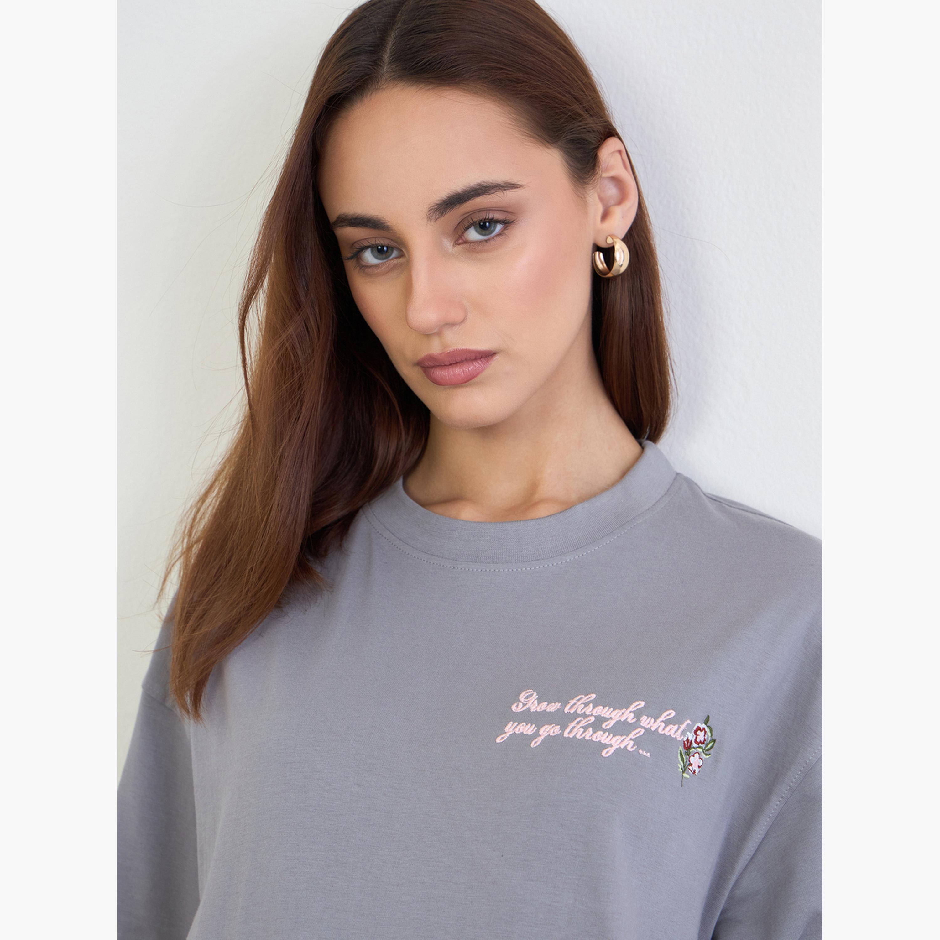 Styli Grey Slogan Embroidered Oversized T-Shirt-women-clothing-tshirts-image-4