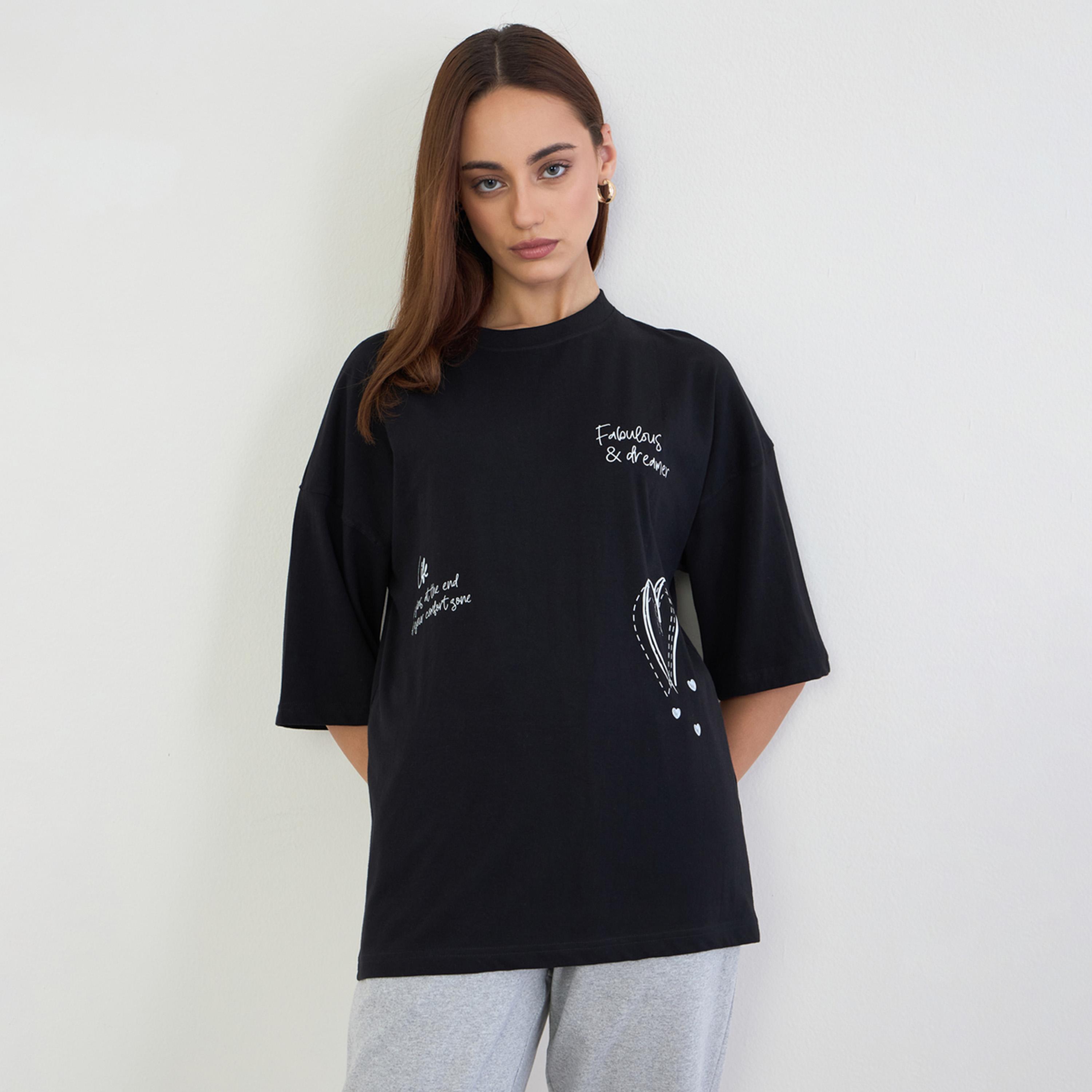 Styli Black Slogan Print Oversized T-Shirt-women-clothing-tshirts-image-1