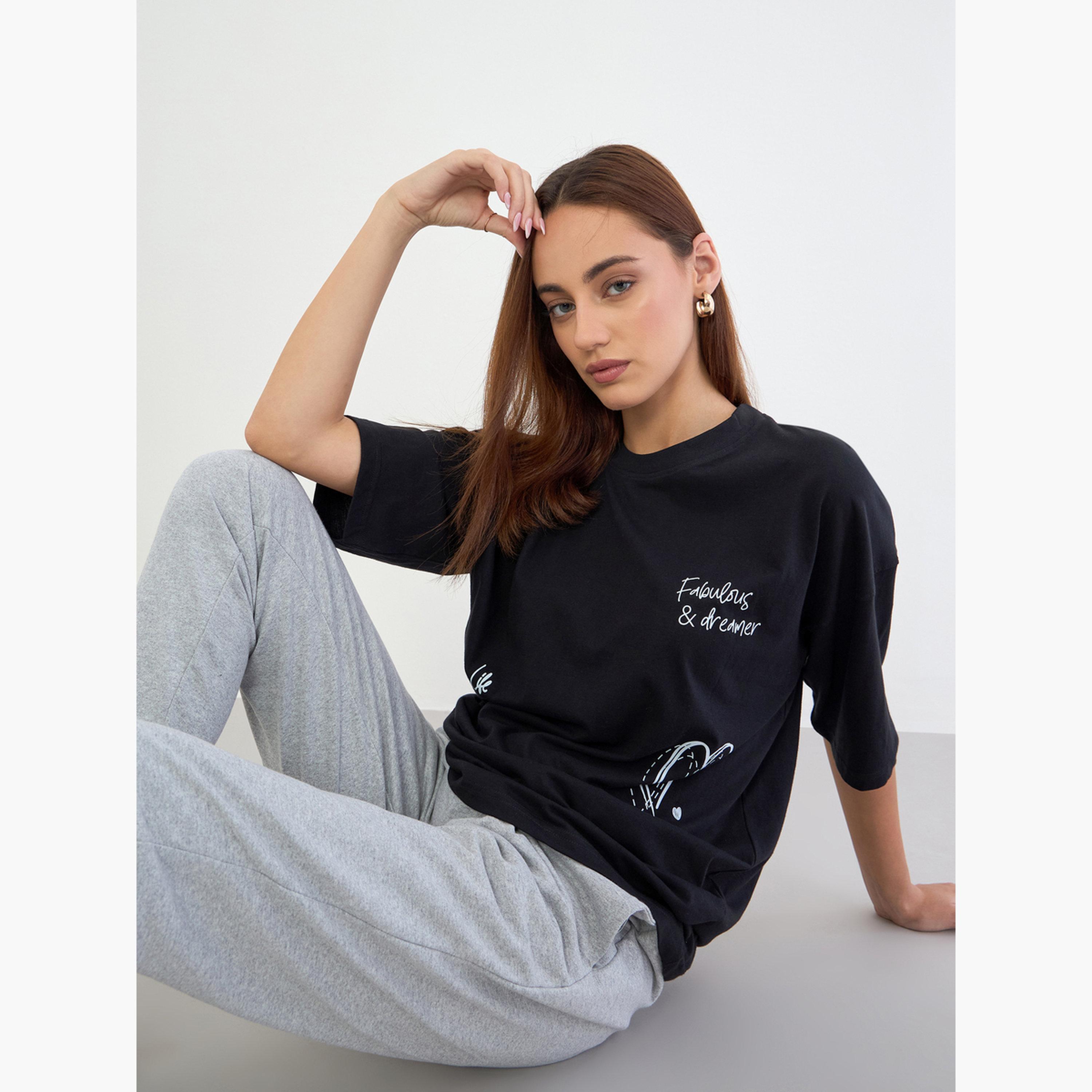 Styli Black Slogan Print Oversized T-Shirt-women-clothing-tshirts-image-3