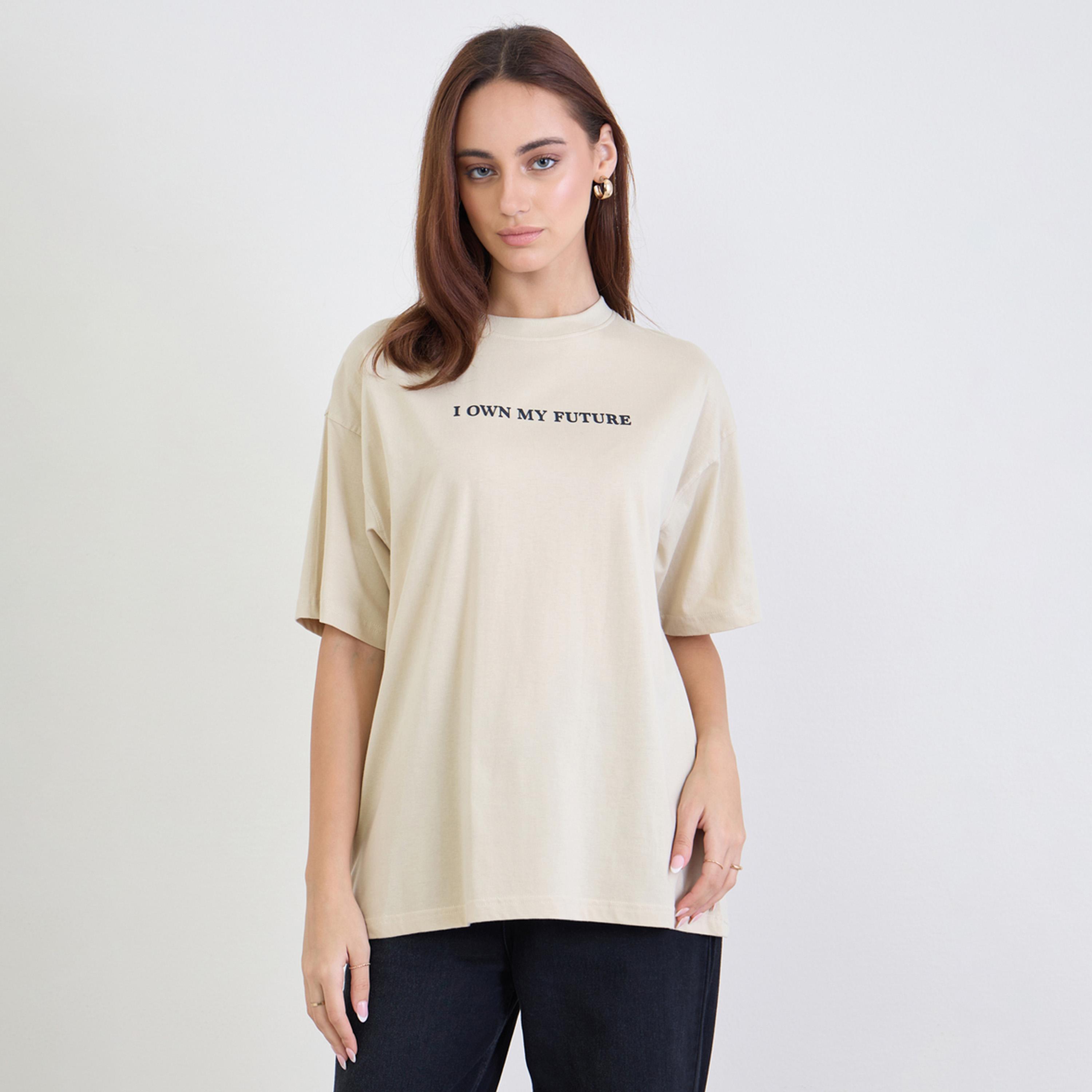 Styli Beige Slogan Print Oversized T-Shirt-women-clothing-tshirts-image-1