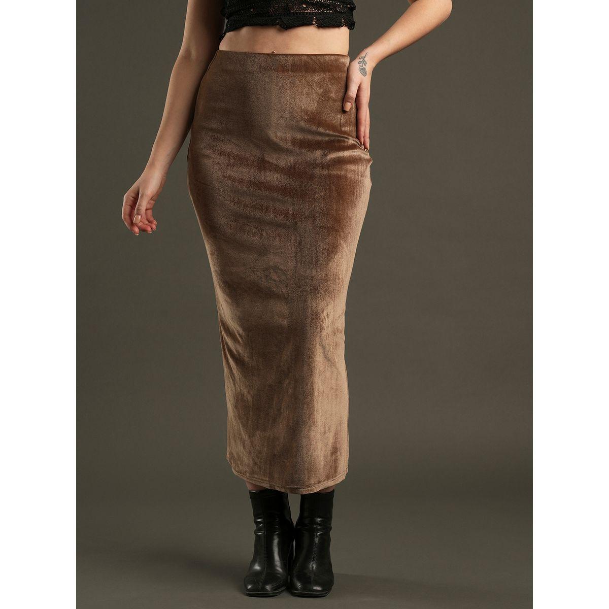 Globus X Styli Velvet Look High Rise Stretchable Pencil Midi Skirt-women-clothing-bottoms-skirts-image-1