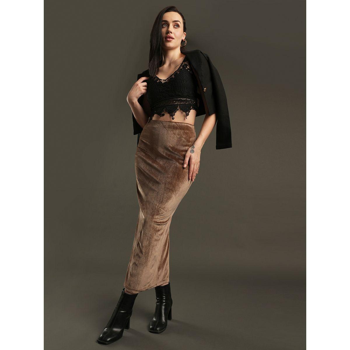 Globus X Styli Velvet Look High Rise Stretchable Pencil Midi Skirt-women-clothing-bottoms-skirts-image-6
