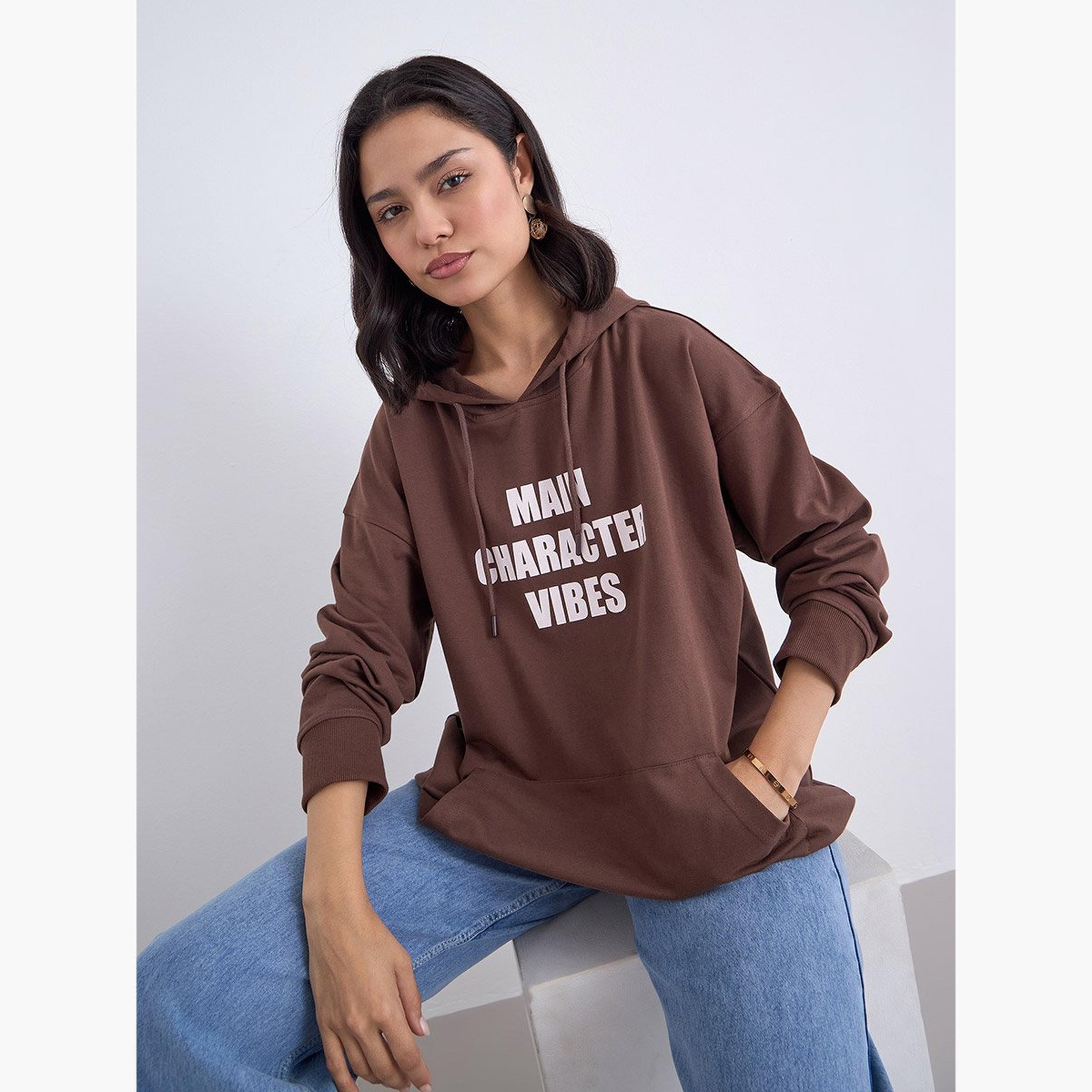 ستايلي - هودي بني مقاس كبير مطبوع شعار-women-winterwear-hoodiesandsweatshirts-hoodies-image-2