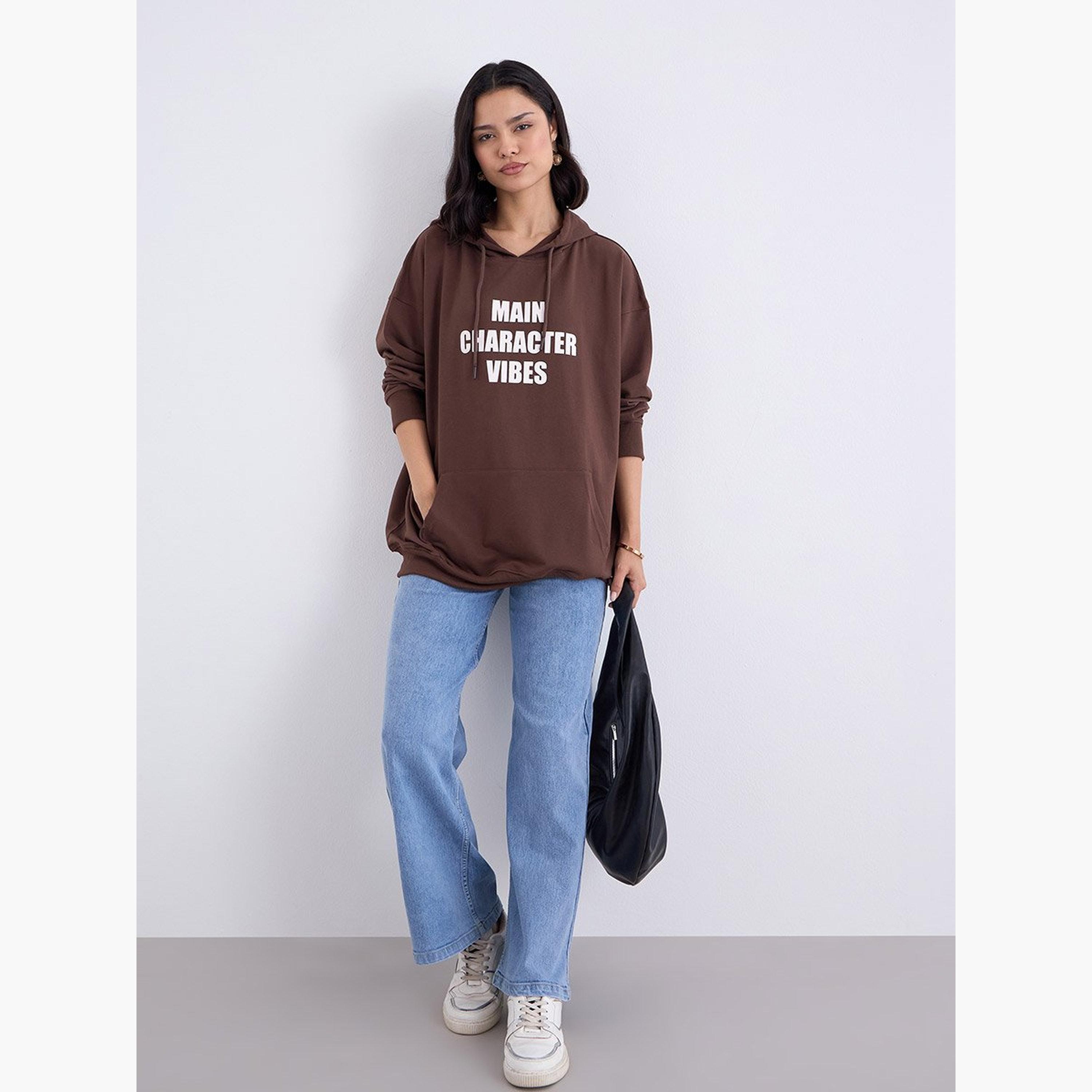 ستايلي - هودي بني مقاس كبير مطبوع شعار-women-winterwear-hoodiesandsweatshirts-hoodies-image-3