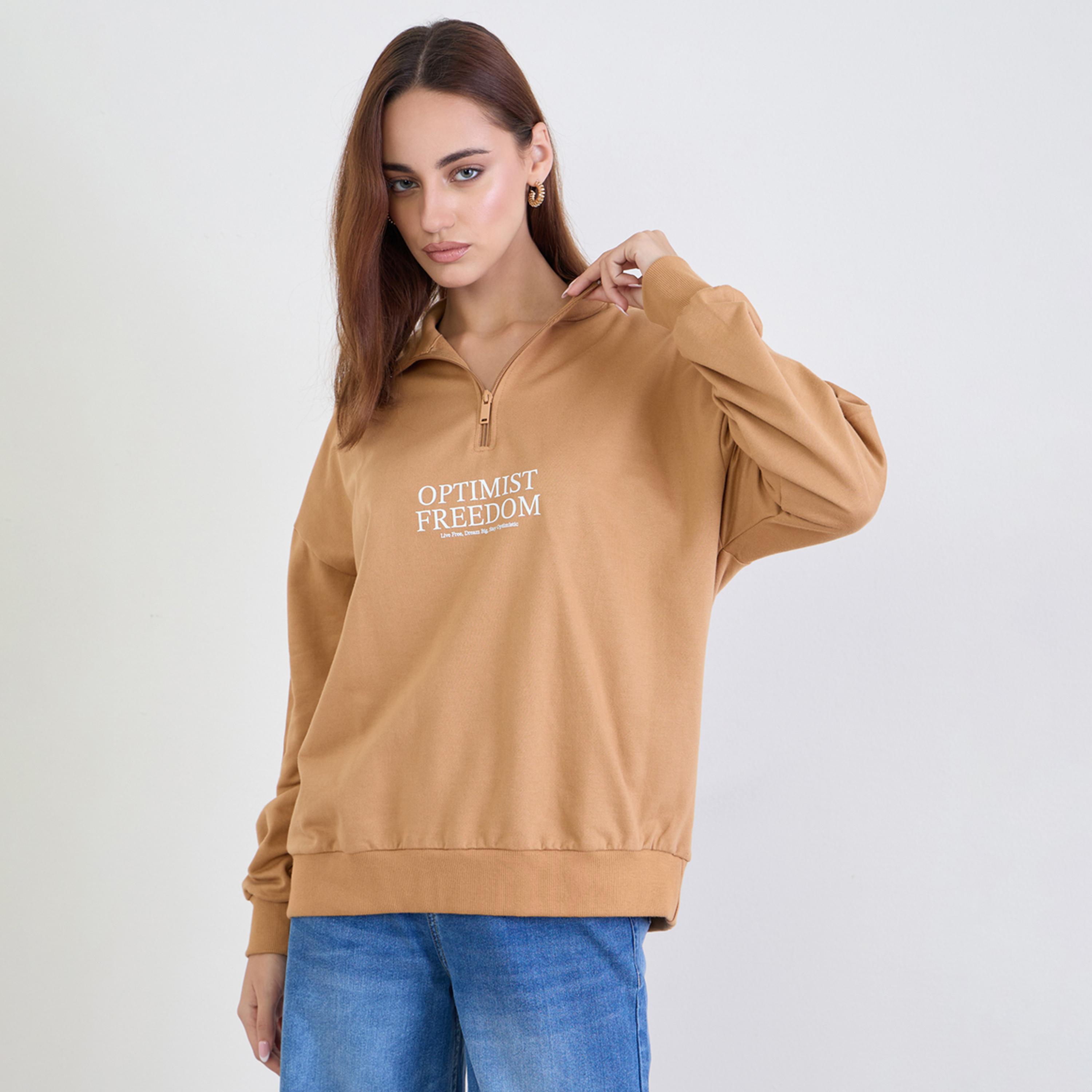 Styli Slogan Print Collared Long Sleeves Women's Sweatshirt-women-winterwear-hoodiesandsweatshirts-sweatshirts-image-1
