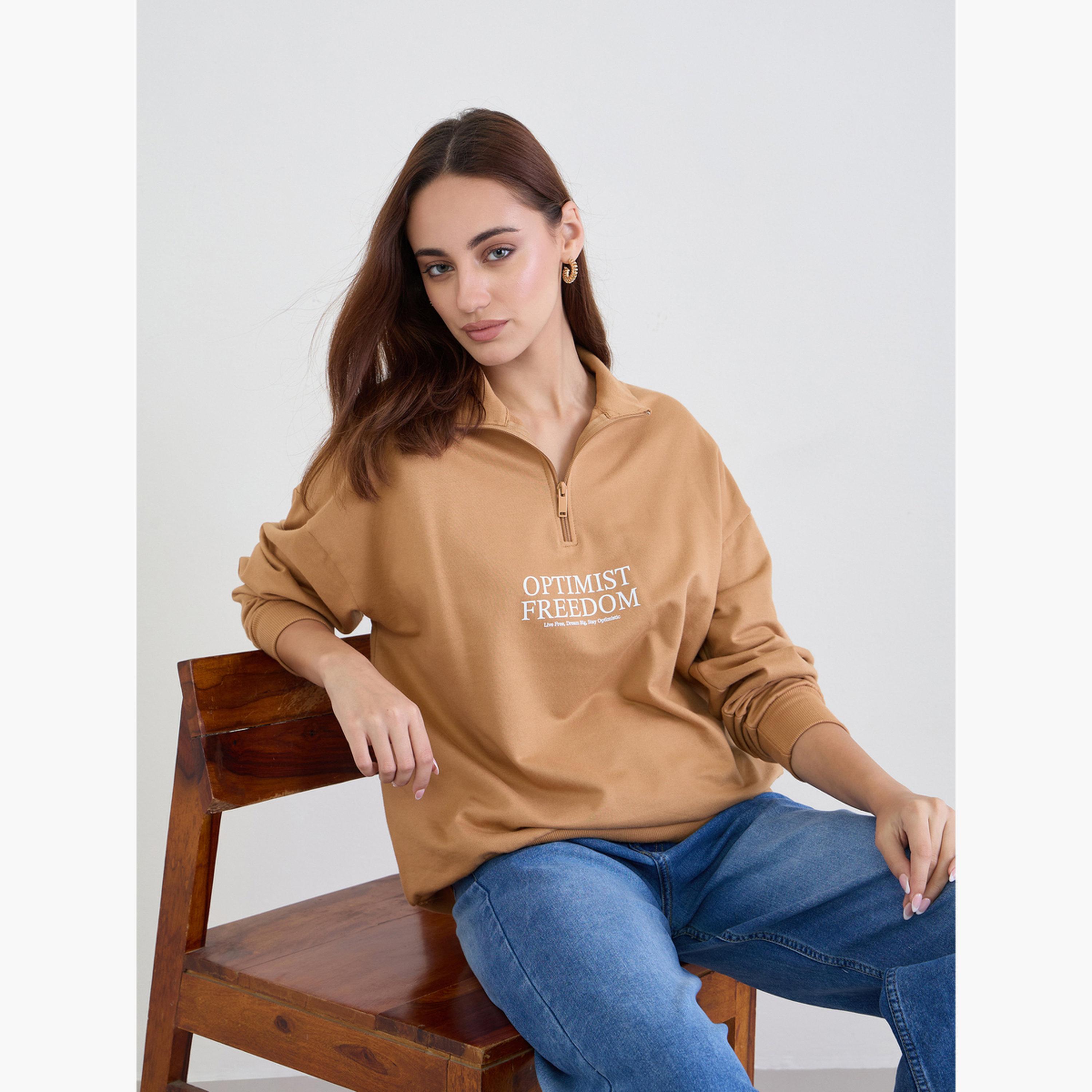 Styli Slogan Print Collared Long Sleeves Women's Sweatshirt-women-winterwear-hoodiesandsweatshirts-sweatshirts-image-3