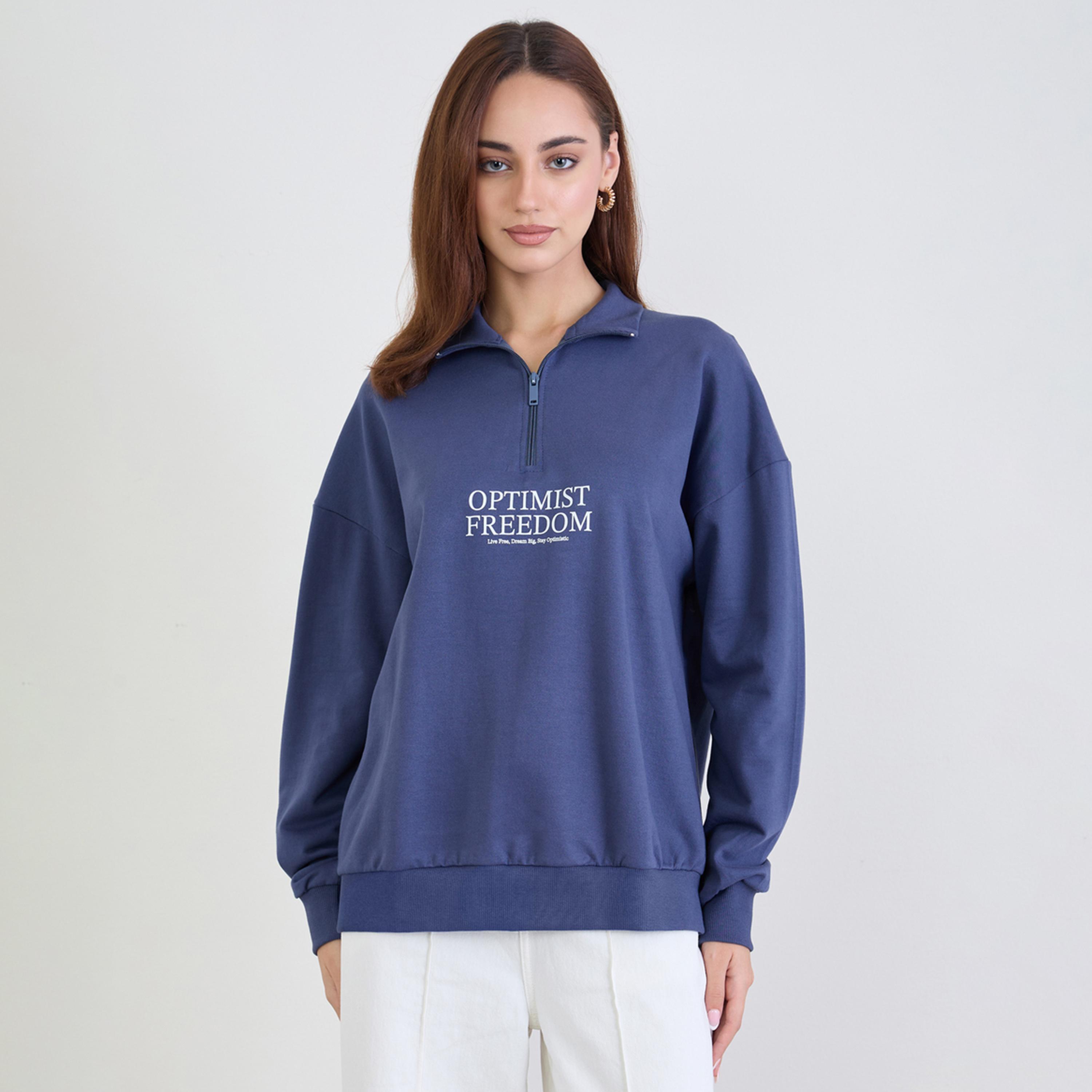 Styli Slogan Print Collared Long Sleeves Women's Sweatshirt-women-winterwear-hoodiesandsweatshirts-sweatshirts-image-1