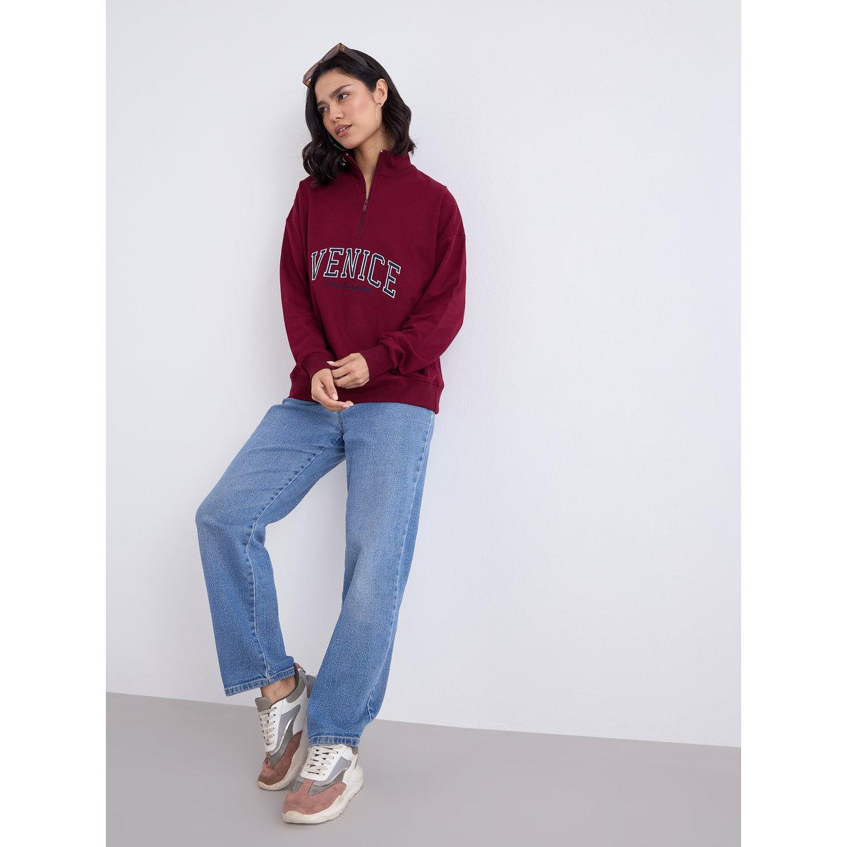 Styli Burgundy Embroidered Longline Sweatshirt-women-winterwear-hoodiesandsweatshirts-hoodies-image-2