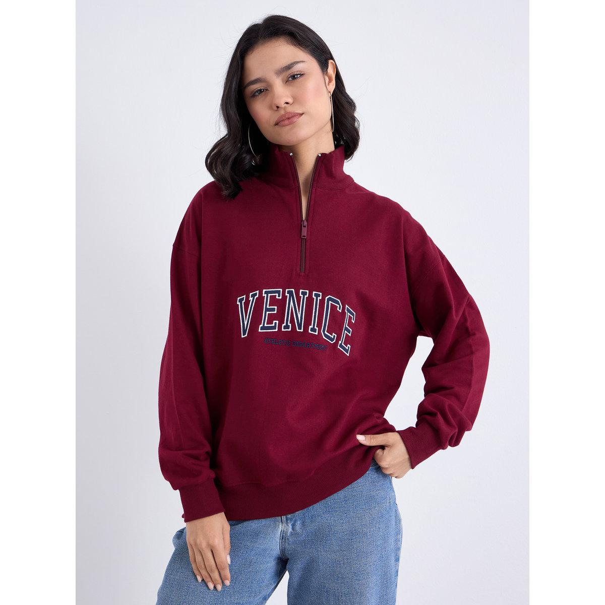 Styli Burgundy Embroidered Longline Sweatshirt-women-winterwear-hoodiesandsweatshirts-hoodies-image-3