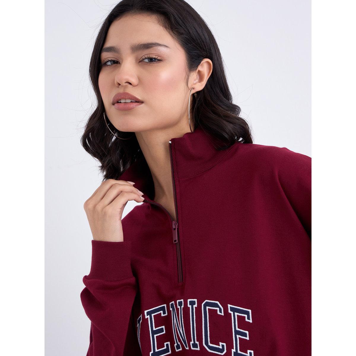 Styli Burgundy Embroidered Longline Sweatshirt-women-winterwear-hoodiesandsweatshirts-hoodies-image-4