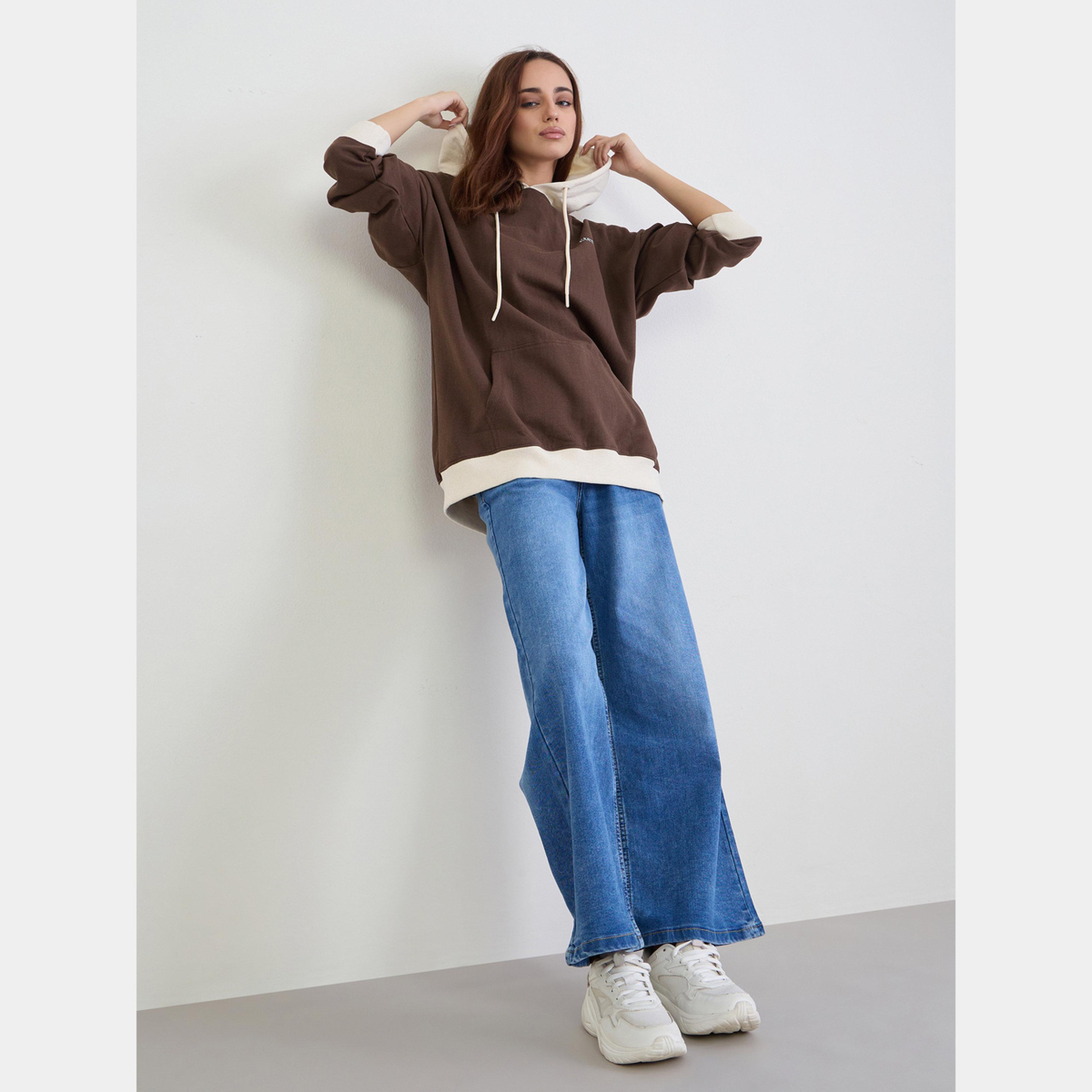 Styli Brown Color Block Oversized Hoodie-women-winterwear-hoodiesandsweatshirts-hoodies-image-2