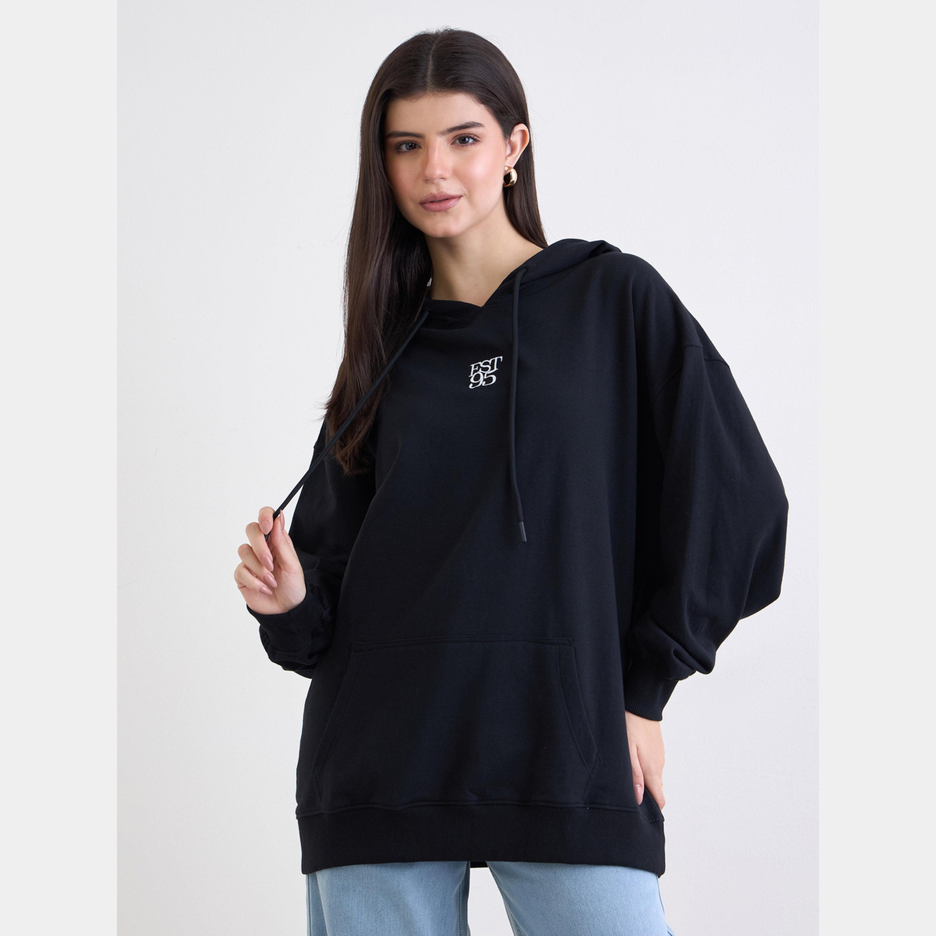 Styli Black Embroidered Oversized Hoodie-women-clothing-hoodiesandsweatshirts-hoodies-image-1